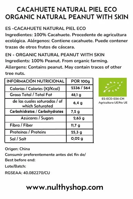 Cacahuete Crudo con Piel BIO 500g - Snack Saludable Ecológico