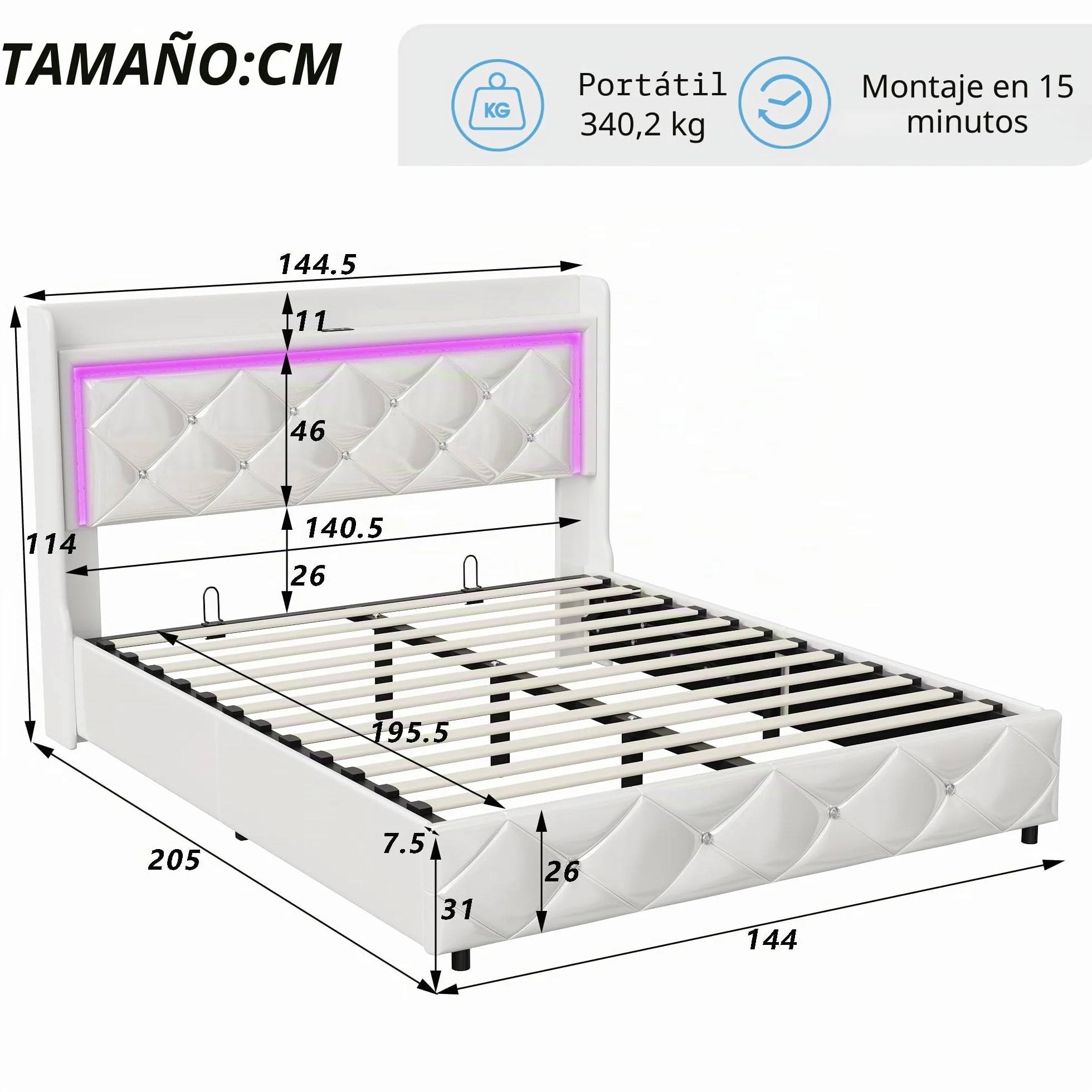 BRILVERDE Cama tapizada 140x200 cm, Cama Doble con iluminación LED, cabecero con Compartimentos de Almacenamiento y función de Carga USB, Base con somier, Cama de Dormitorio, PU, ​​Blanco