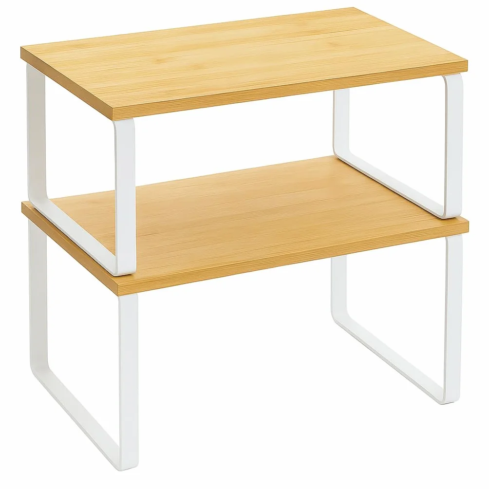 Estante de Cocina Organizador, Juego de 2, Soporte Apilable de Armario y Encimera, Estantería de Almacenamiento de Metal y Madera Técnica, Blanco