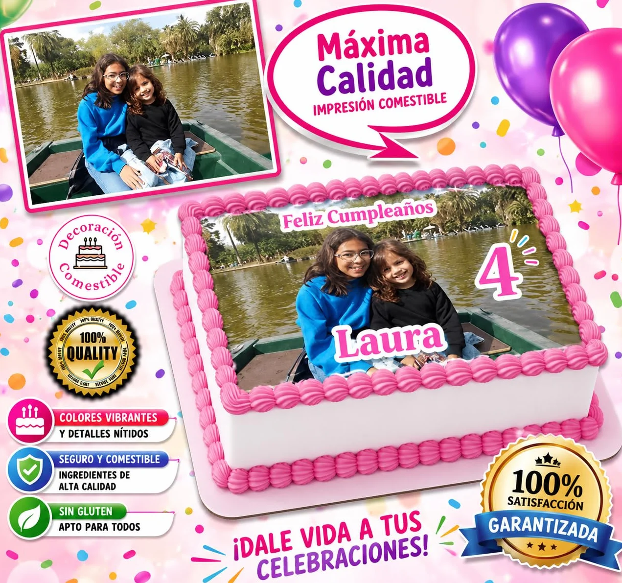 FOTO para PASTEL COMESTIBLE, oblea personalizada nombre y edad, Medida RECTANGULAR