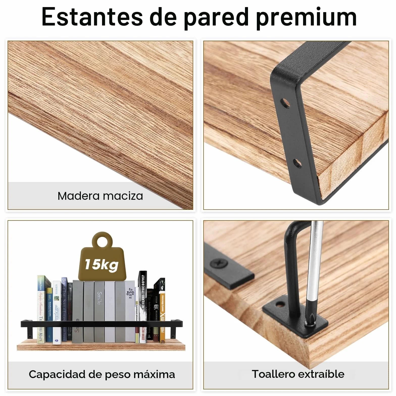 Uten Baldas Pared, Estante de Pared de 2 Niveles, Estante de Pared de Madera, 42 cm de Largo, 8 Ganchos, Adecuado para Dormitorio, Cocina, Baño, Sala de Estar, Solución Perfecta para Ahorrar Espacio
