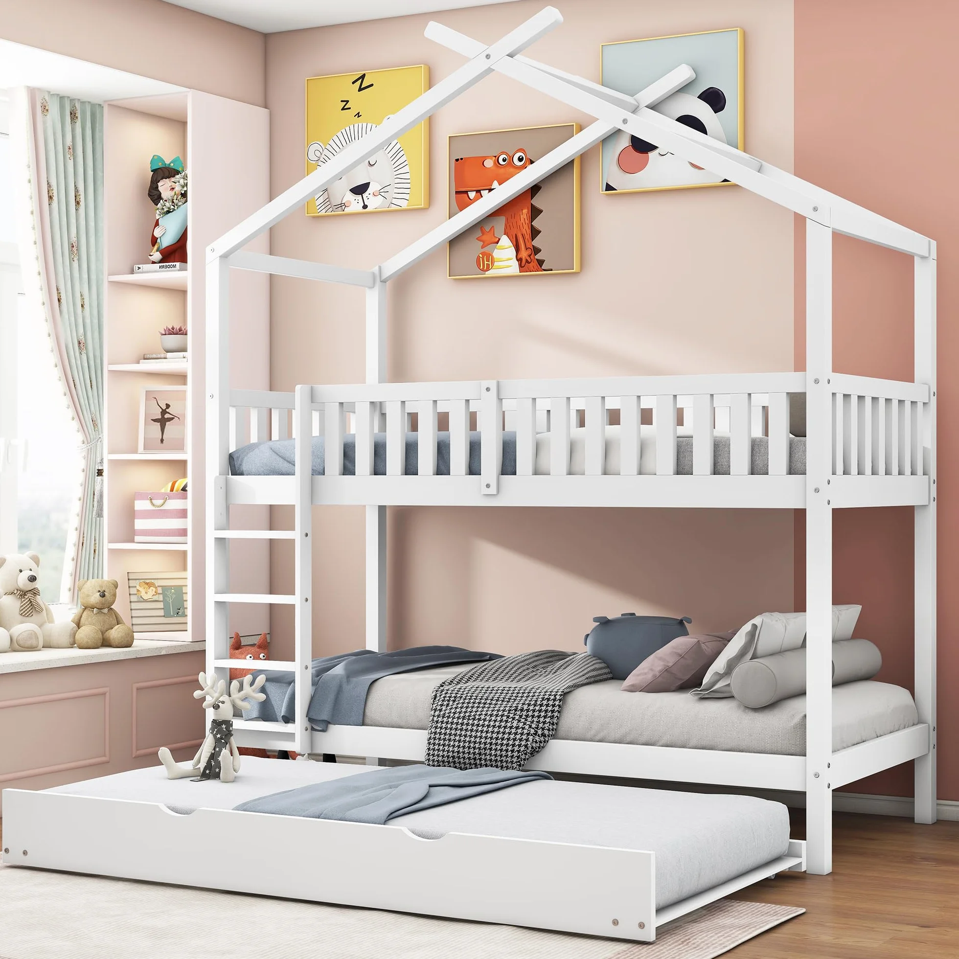 Azkoeesy Litera Infantil con Cama Nido para 3 niños o Adultos, Forma de casita, con protección anticaídas, somier, Escalera, Material Pino, Color Blanco, 90 x 200 cm - N634W0001A
