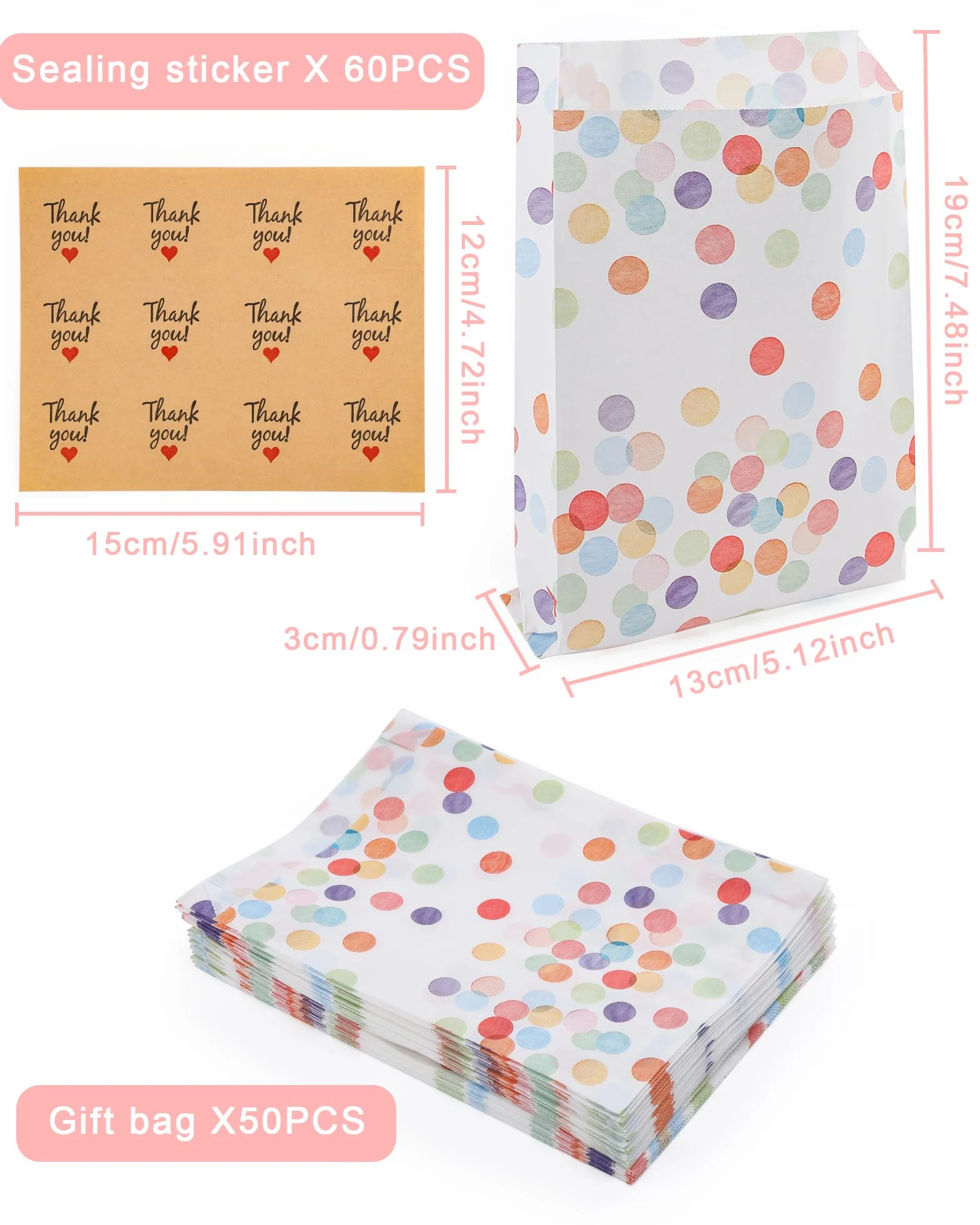 Acual Bolsas Chuches Cumpleaños 50 Pcs con 60 Pegatinas, Bolsitas Regalo Papel con Lunares, Resistente al Aceite para Candy Bar, Bodas, Picnics, Camping, Fiestas y Navidad (19x13x3cm)