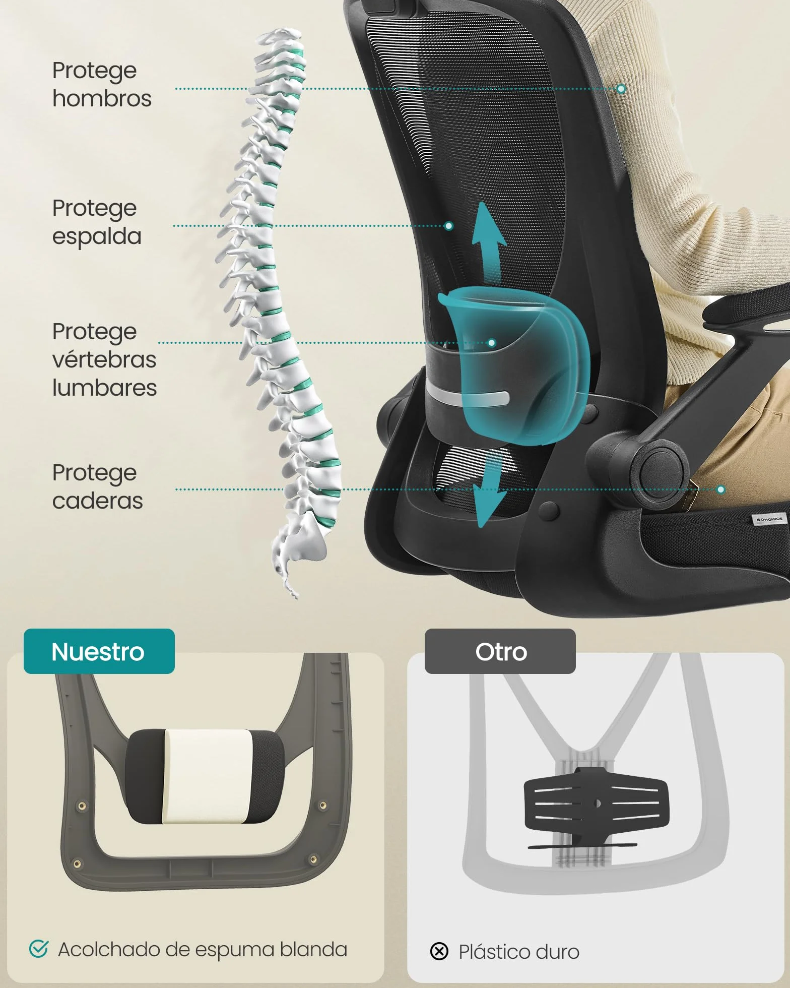 SONGMICS Silla de Oficina Ergonómica de Malla Giratoria con Soporte Lumbar, Asiento 53 cm, Apoyabrazos Abatibles, Negro