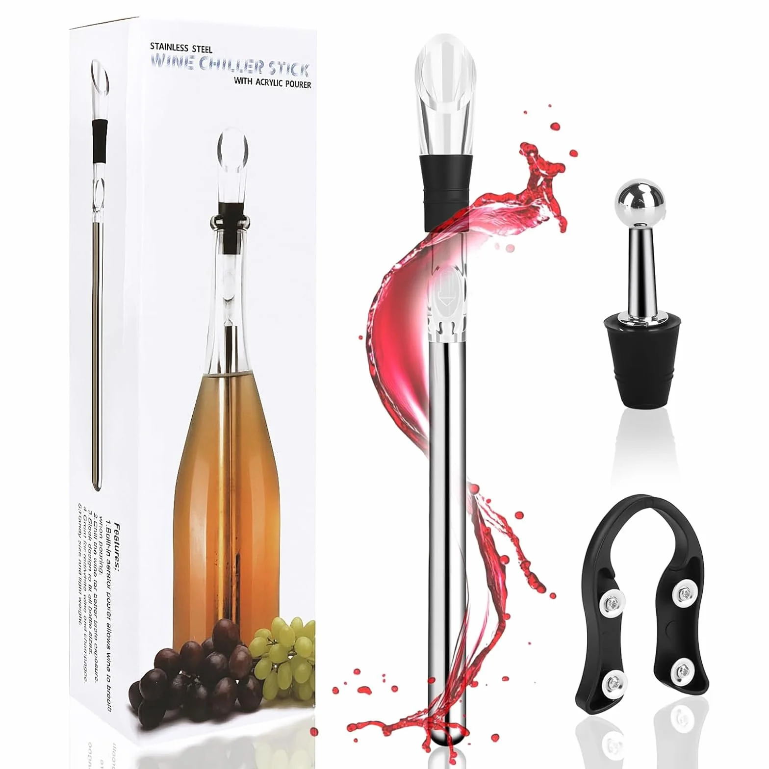 Enfriador de Botellas de Vino,Enfriadora de Vino,Varillas Enfriadoras de Acero Inoxidable + Vertedor + Cortador de Láminas + Tapón,Idea Regalo Mujer Hombre Cumpleaños Fiesta Amigo Barman