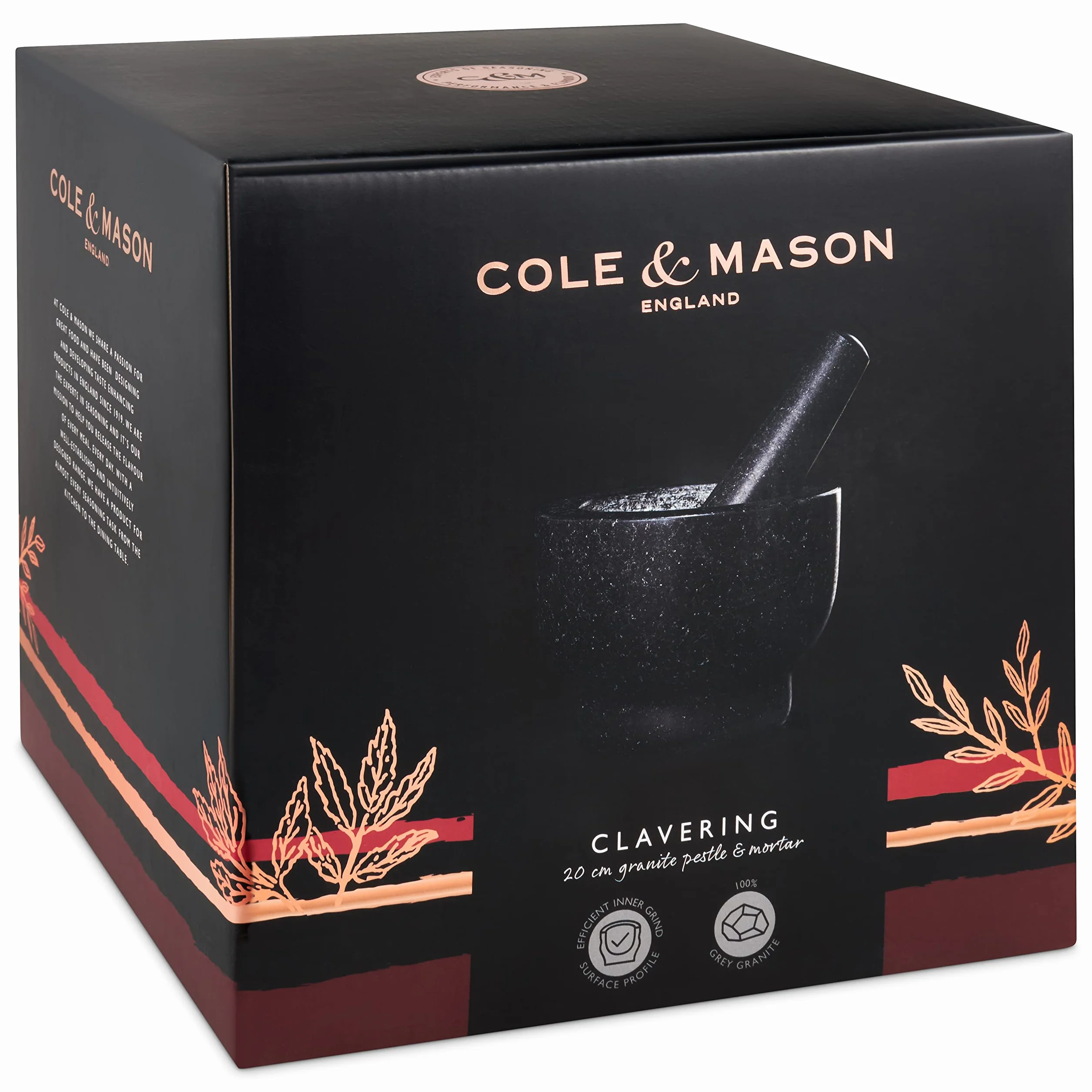 Cole & Mason Clavering 20cm Mortero de Piedra Para Cocina, Mortero y Mano, Gris Oscuro, Para Moler Especias y Hierbas, Granito, 2 Años de Garantía