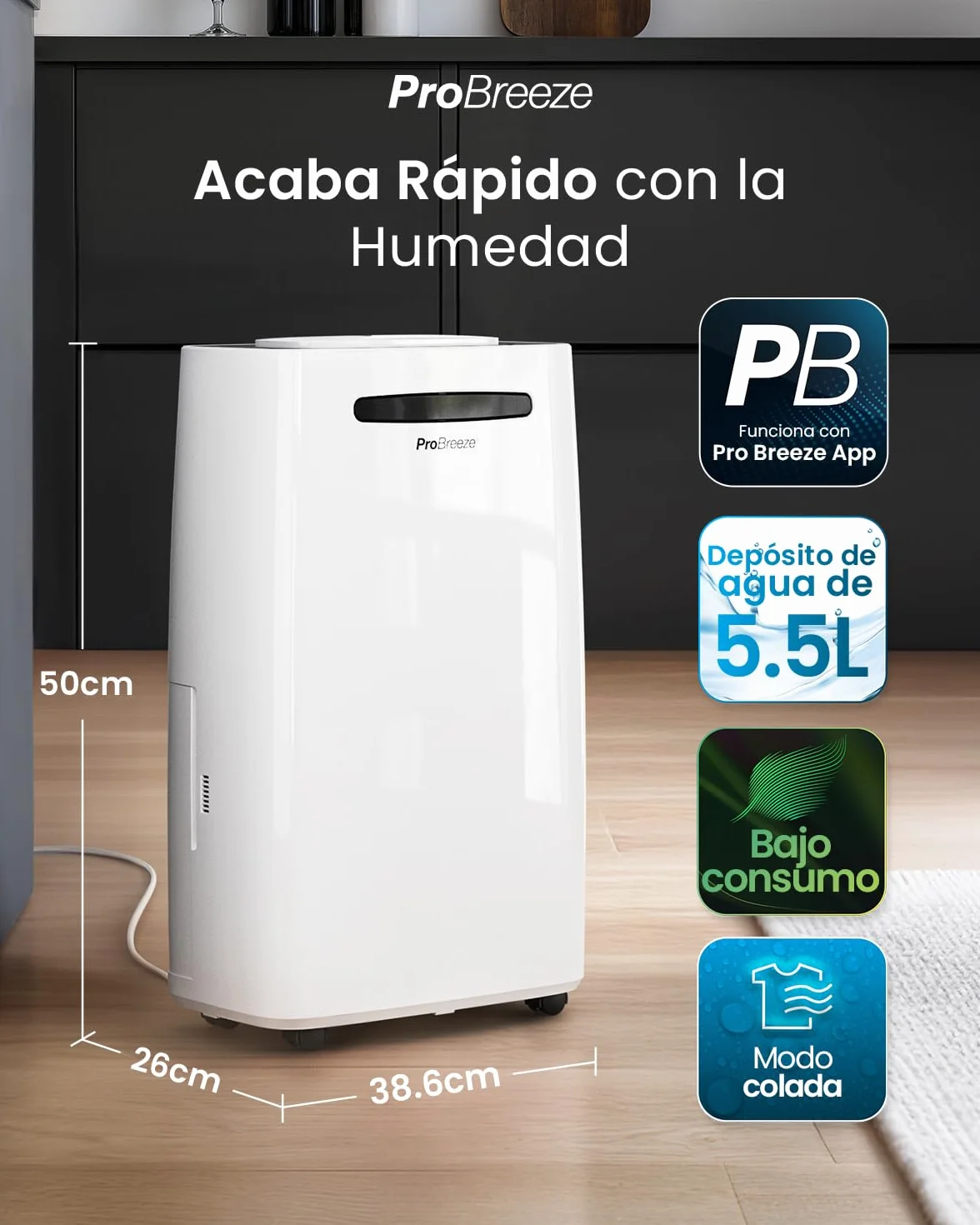 Pro Breeze deshumidificador inteligente 20L/día con Wi-Fi, sensor de humedad, modo ropa y drenaje continuo para condensación y moho en casa