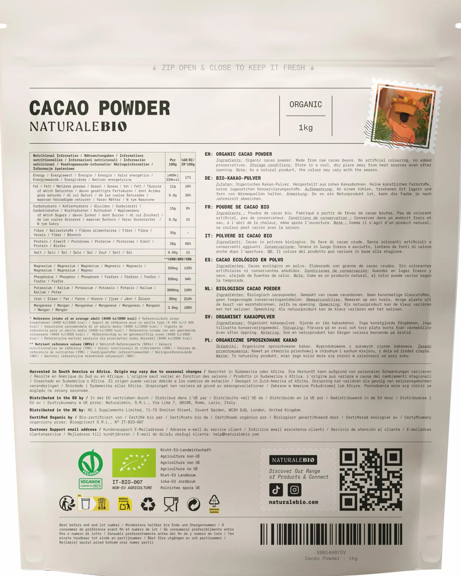 NaturaleBio Cacao Ecológico en Polvo 1kg Orgánico Natural Puro Sin Azúcares Añadidos