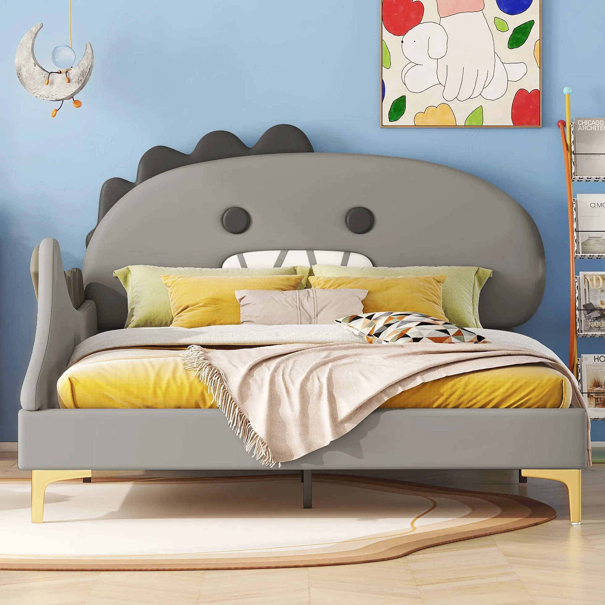 Cama infantil de 140 x 200 cm, diseño de dinosaurio, cama plana, material de poliuretano, color gris