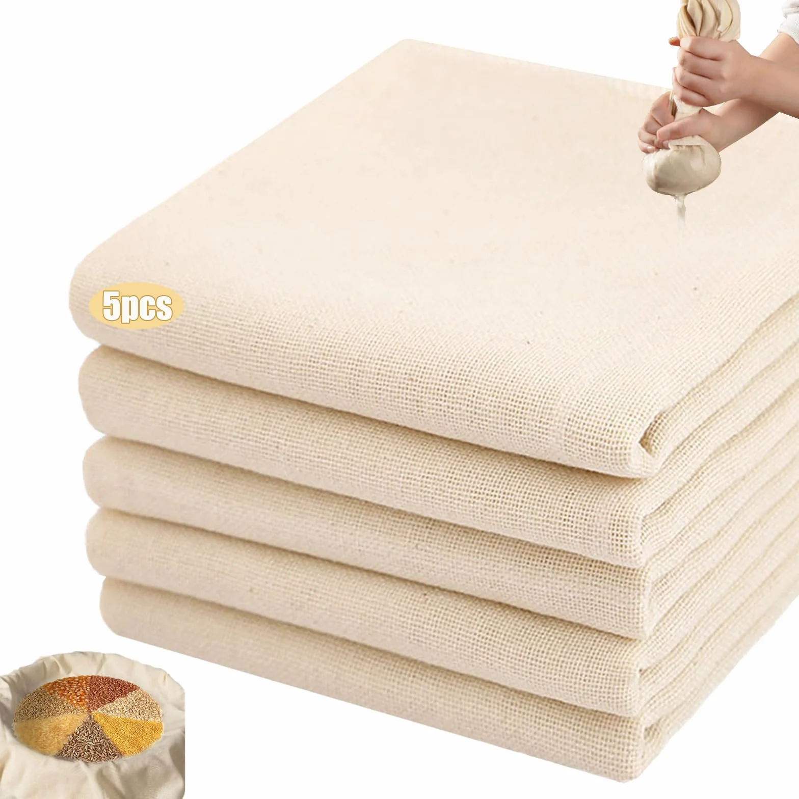 Colador Tela Malla Fina 50x50cm, Algodón Paño De Queso Filtrar Aceite, Reutilizable 5 Piezas