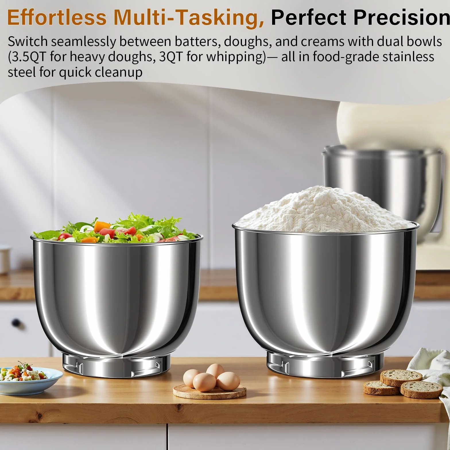 Batidora Amasadora Doble Bol De 2.5L+3L, Batidora EléCtrica De 10 Velocidades Y 1500w - Incluye Batidor De Huevos, Gancho Para Masa Y Batidor Plano Para ReposteríA Casera (Blanco lechoso)