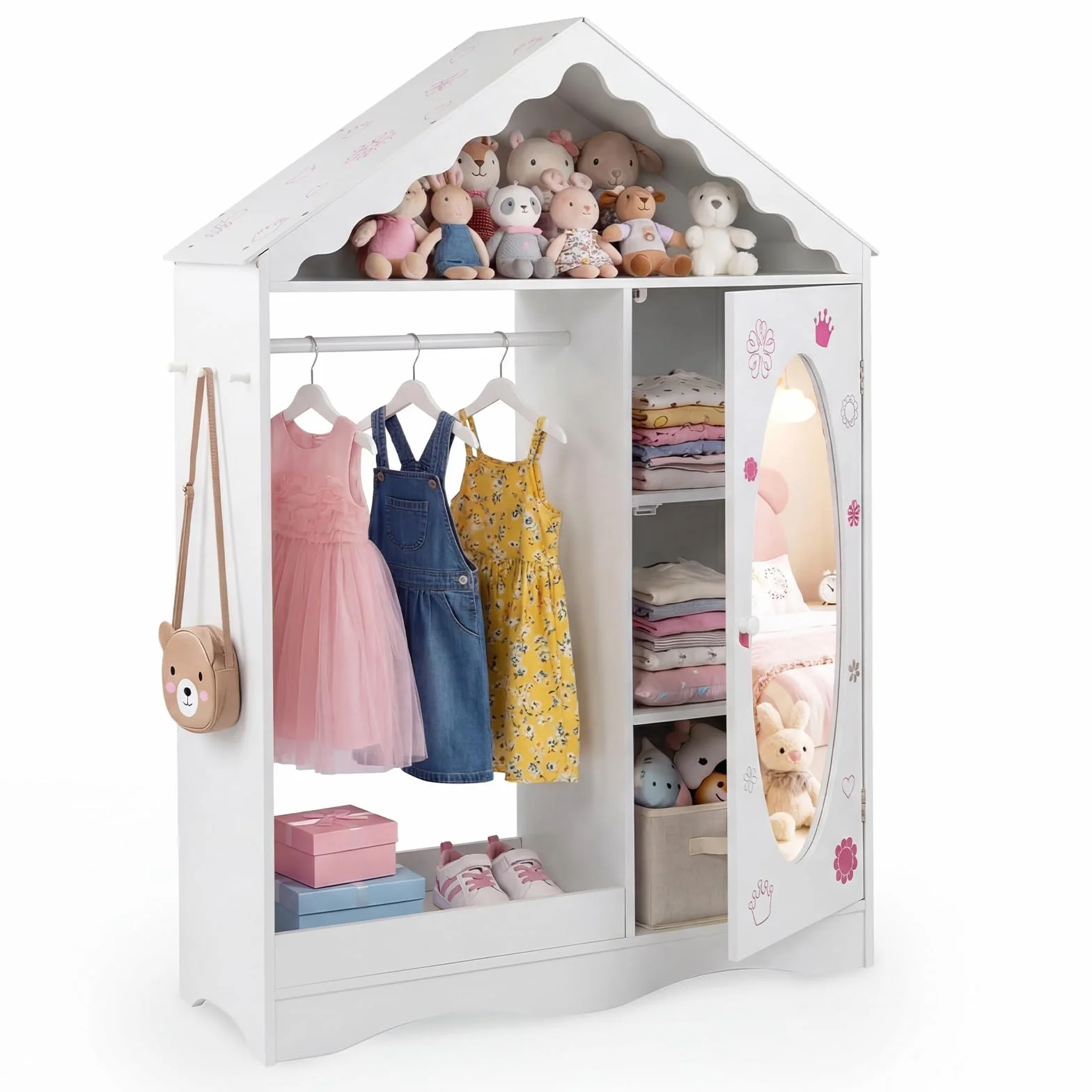 COSTWAY Armario Infantil con Espejo, Tejado y Barra Colgante Organizador Dormitorio (Blanco)