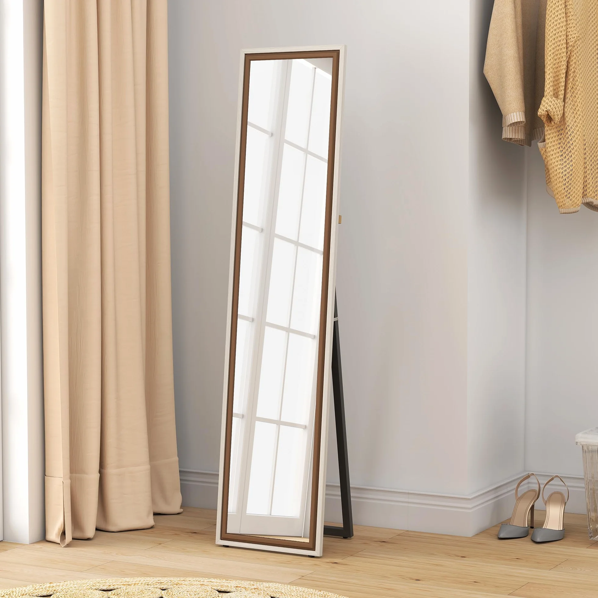 HOMCOM Espejo de Pie Cuerpo Entero 157x37 cm, Espejo Grande de Pared con Marco Bicolor, de Pie, Inclinado o Colgante, para Salón, Dormitorio, Pasillo, Entrada, Blanco y Marrón Oscuro