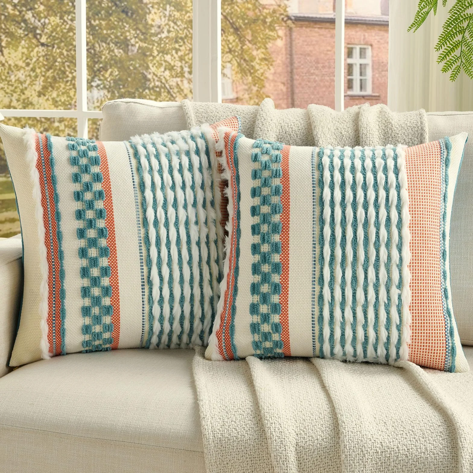 Ystyle Juego de 2 Boho Funda Cojin 50x50, Fundas Cojines Decorativa con Rayas y Textura Tufted Suave, Fundas de Cojines para Decoración del Hogar Sofá Dormitorio, Cian