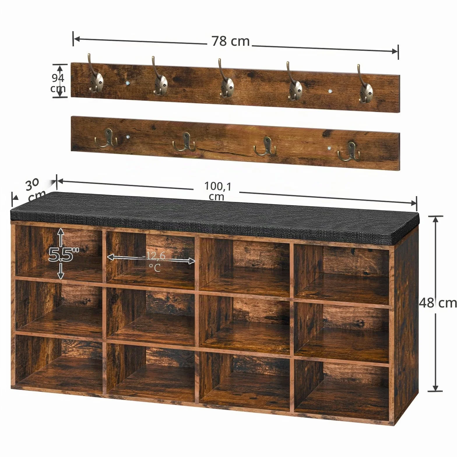 HOOBRO Banco Zapatero con Asiento, Perchero para Vestíbulo, 9 Ganchos, Banco de Almacenaje 12 Compartimentos, Organizador de Entrada, Adecuado para Pasillos, Dormitorios Marrón Rústico EBF112HX01G1