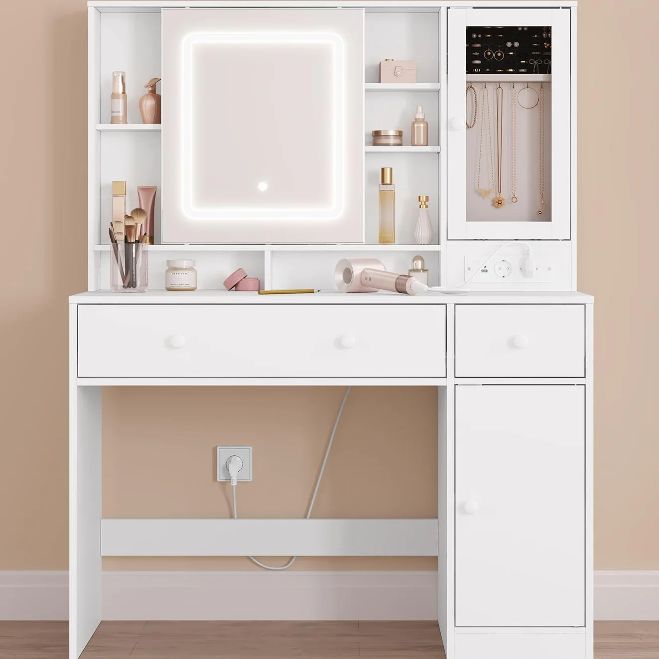 WOLTU Tocador Maquillaje con Joyero, Espejo Luz LED Ajustable, Mesa Tocador Maquillaje con Enchufes, Cajones y Estantes, Blanca, MB6125ws