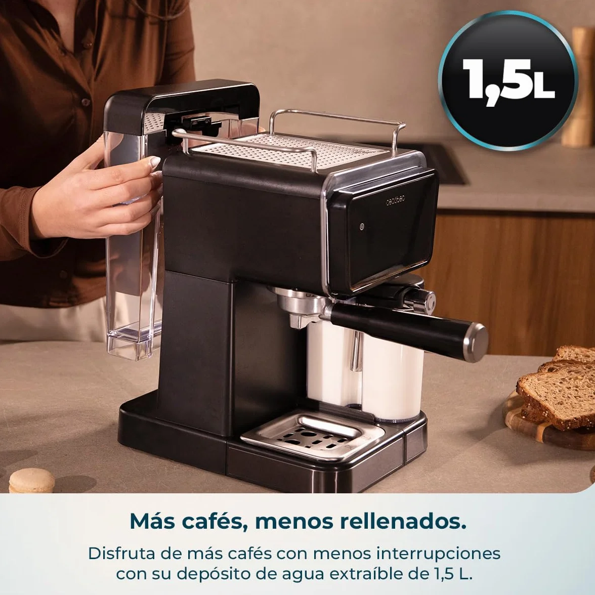 Cecotec Cafetera Express Semiautomática Power Espresso 1350W 20 Bares Pantalla Táctil 1.5L Depósito Agua 500ml Leche