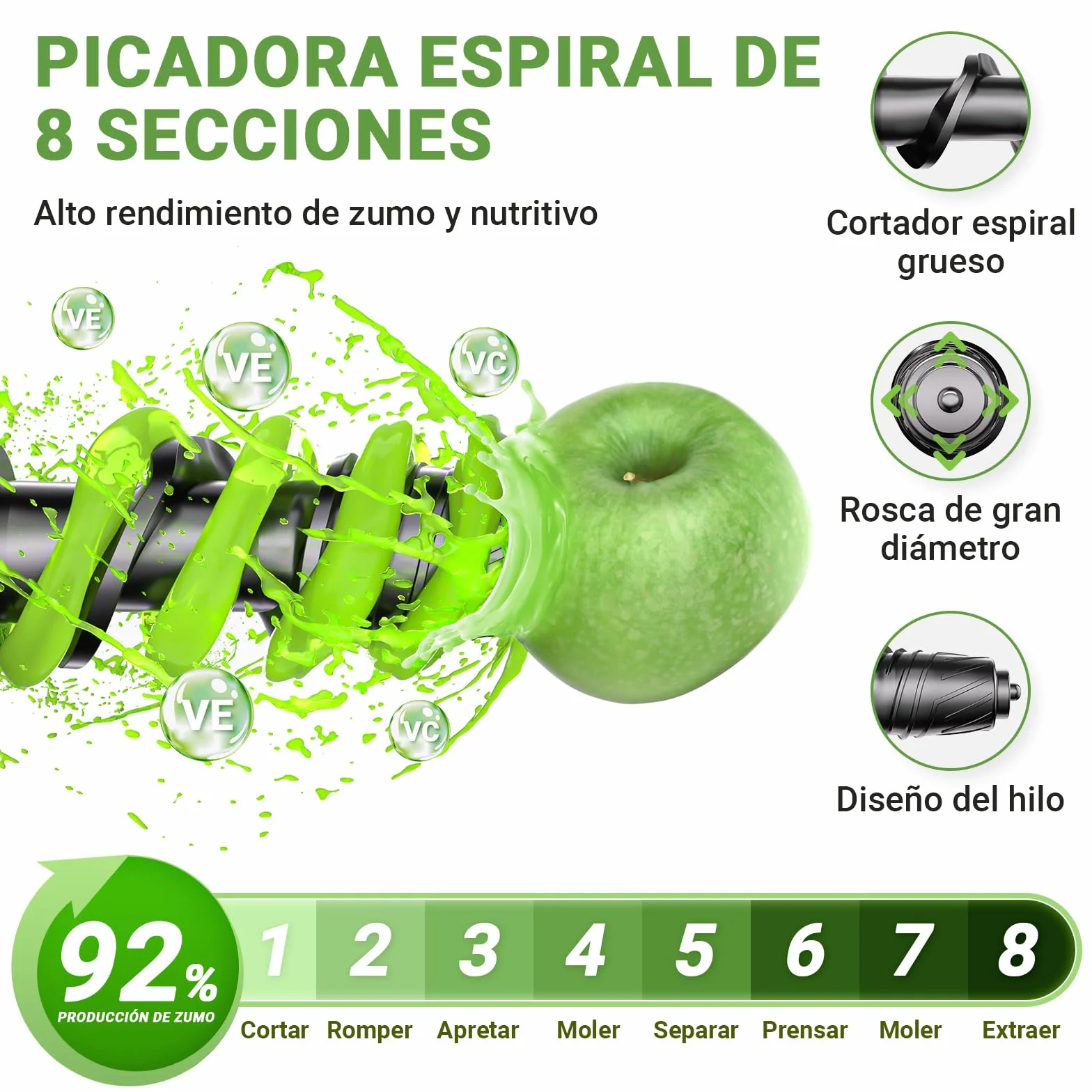AMZCHEF Juicer Compacto Con Dos Modos De Alimentación Para Uun Uso Fácil - Extractor De Zumos Y Verduras Silencioso De Alta Tecnología Con Masticación Inversa Y Un Rendimiento De Zumo Ultra Alto