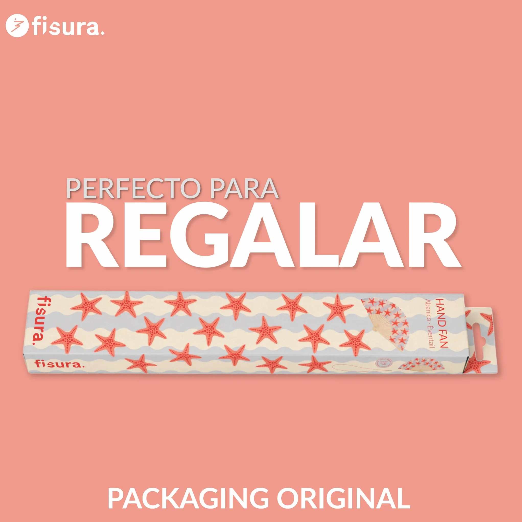 Fisura – Abanico original con estampado de estrellas de mar. Abanico de madera moderno y colorido. Ventilador de mano azul y rosa. Colgador incluido. Idea de regalo divertido. 42,5 x 23 cm