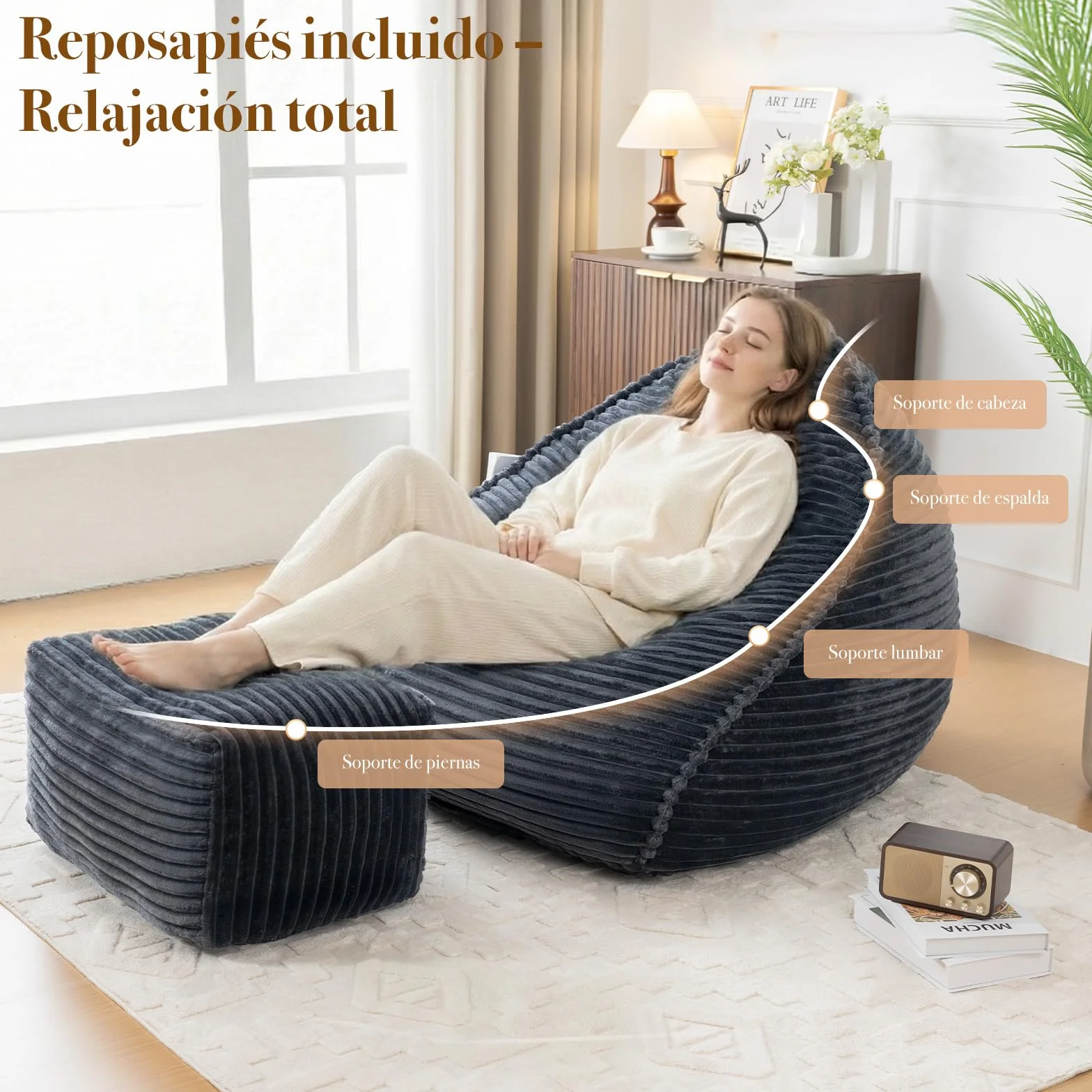 Vamcheer Puf para Adultos con Taburete, Mullido, Tejido De Franela Ultrasuave, Silla con Relleno De Esponja, XXL, Color Gris, Estable
