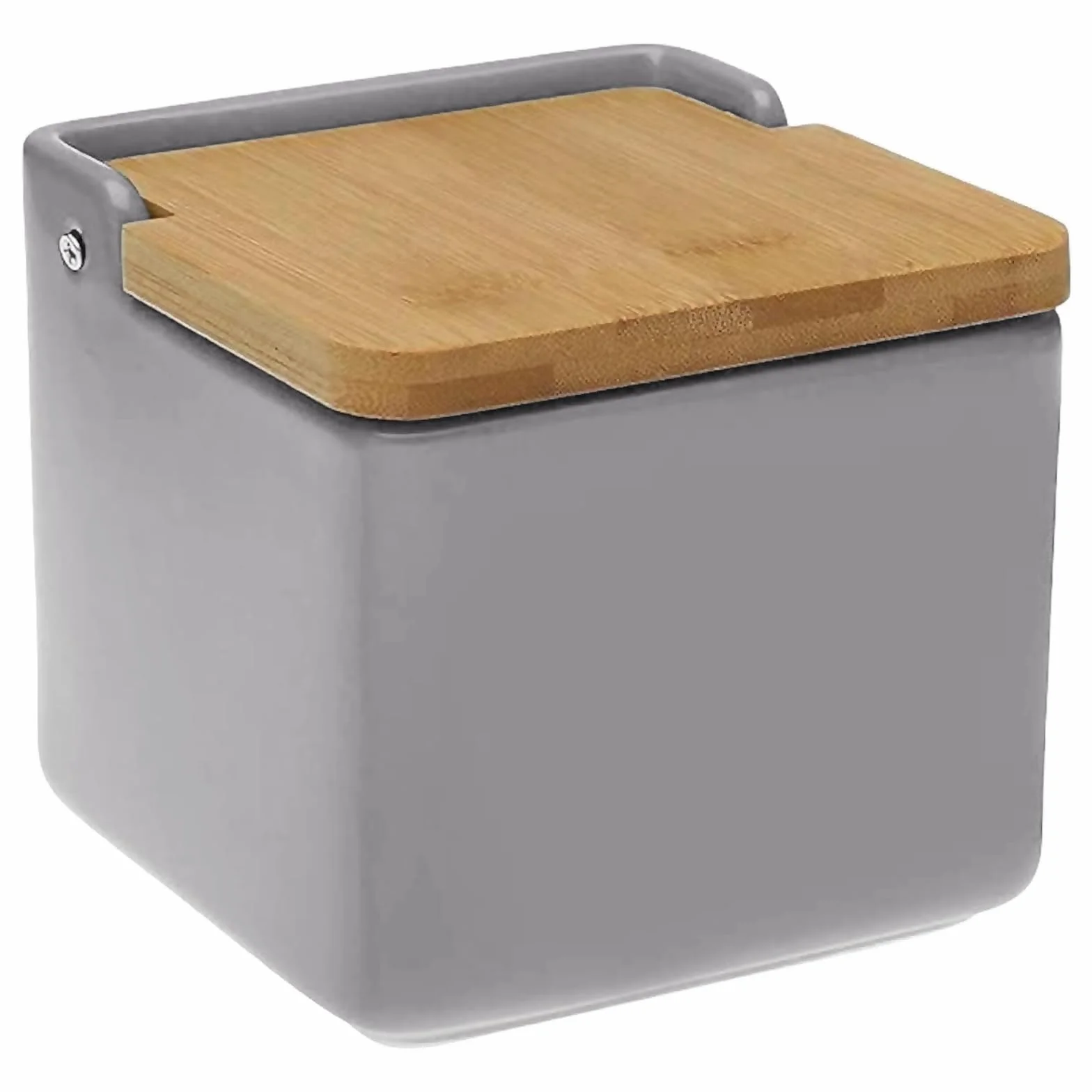 TIENDA EURASIA - Salero de Cocina de Cerámica | Color Gris | Tapa Abatible de Bambú | Medida 12 x 12 x 11 cm | Saleros Originales