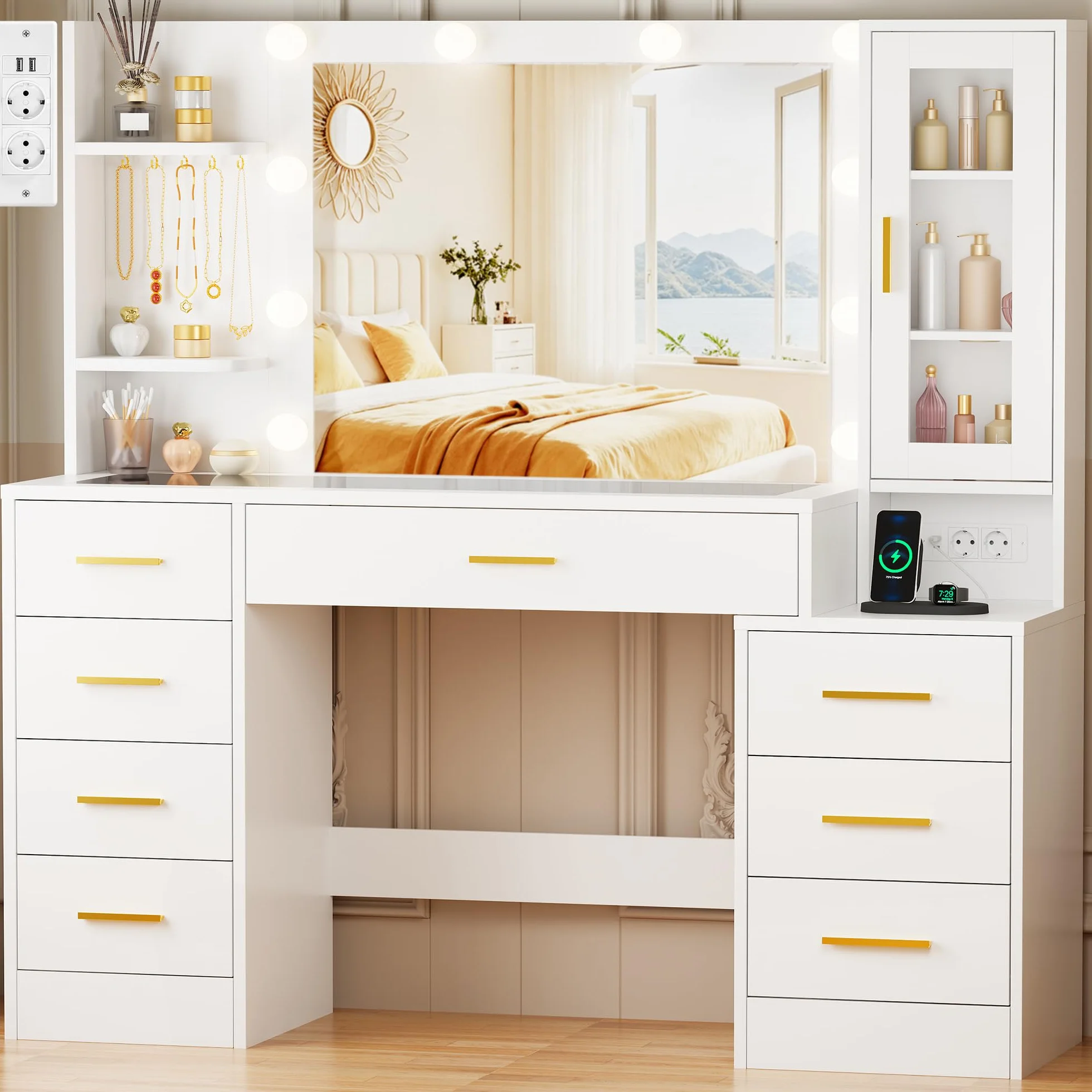 ANWBROAD Grande Tocador con Espejo y Luces LED Regulables Tocador de Maquillaje con Vidrio y Enchufes,Mesa de Maquillaje con 8 cajones 3 estantes Abiertos y 5 Ganchos para Joyas Moderno Blanco BDT88W