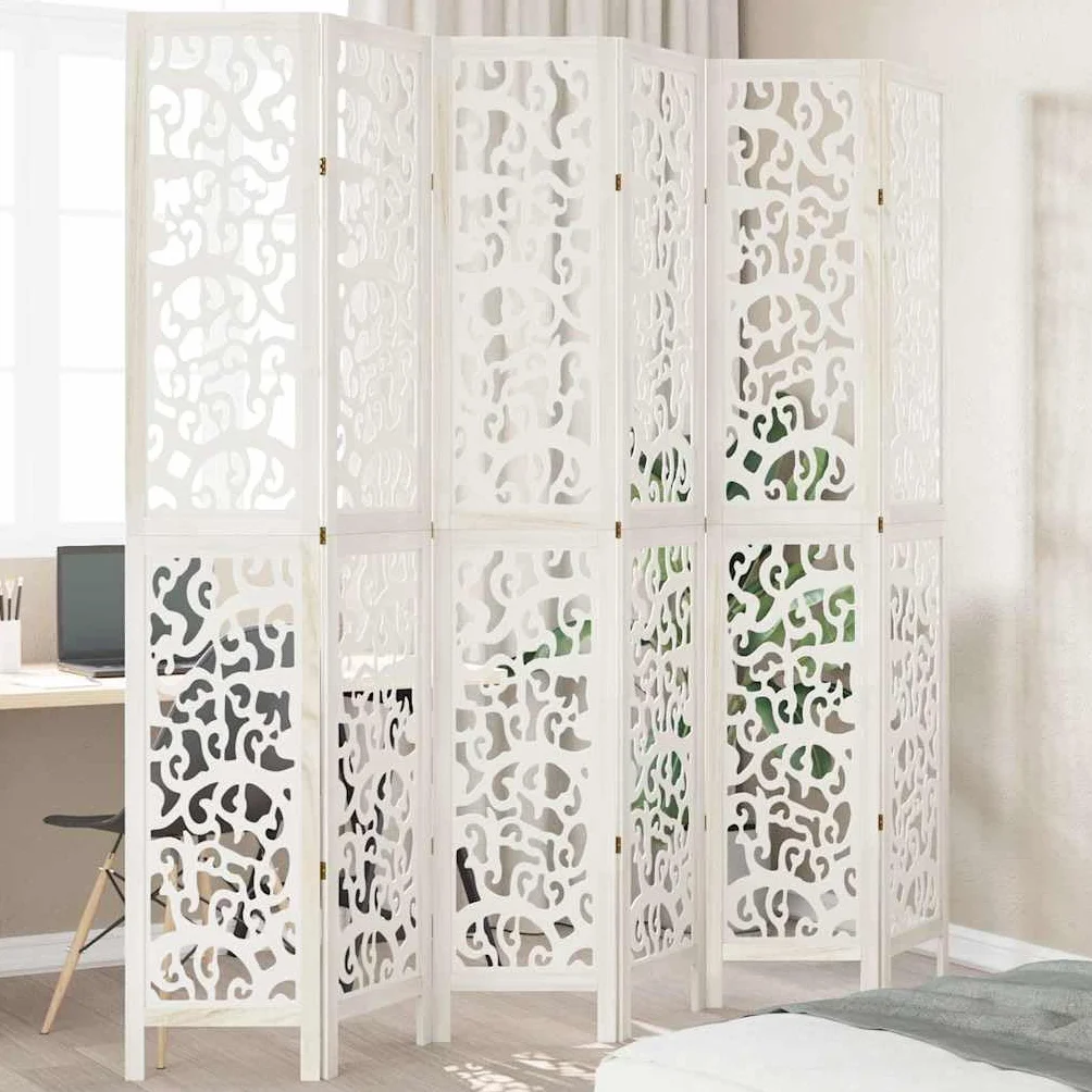 vidaXL Biombo Separador de 6 Paneles Madera Maciza Paulownia Blanco
