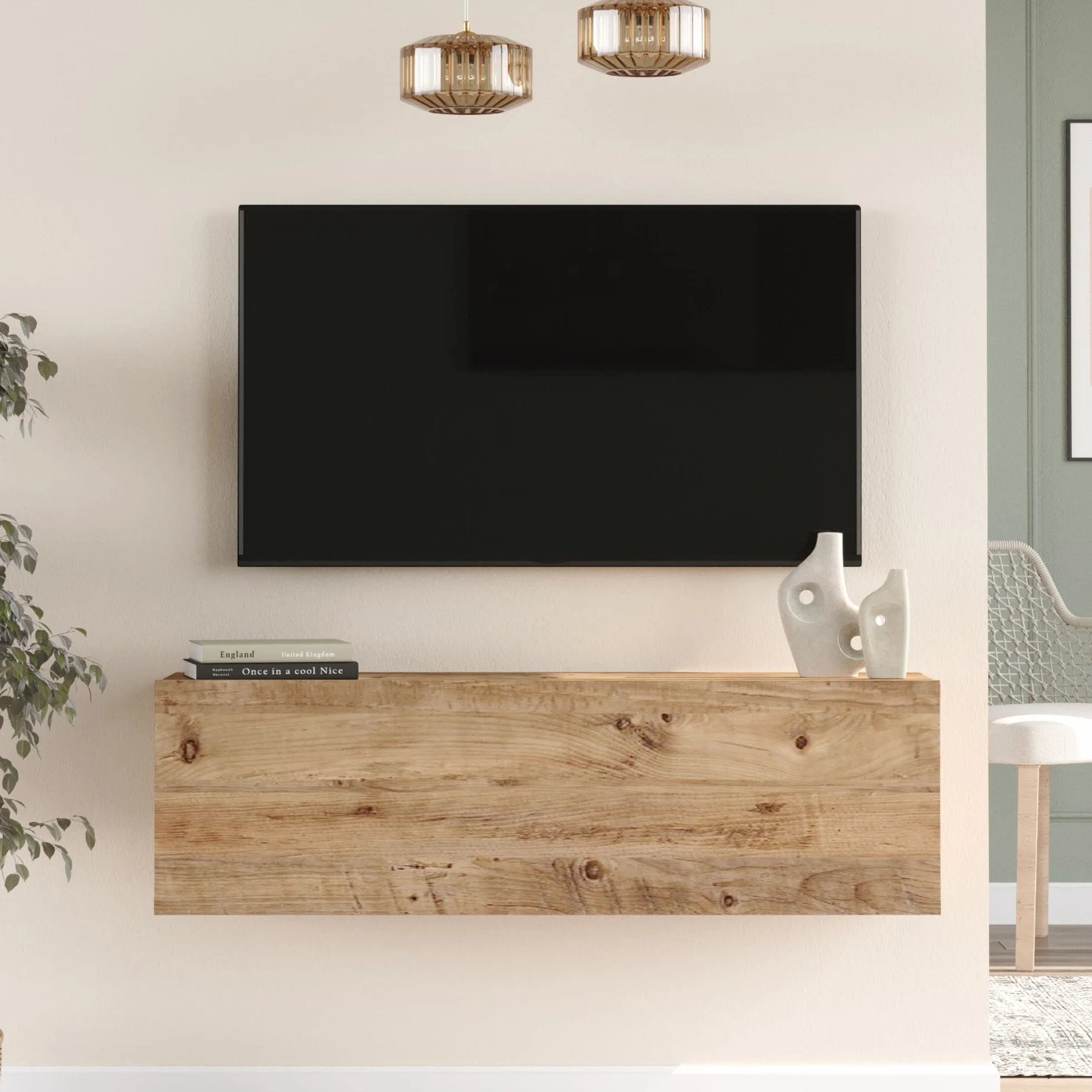 [en.casa] Mueble TV Lapinlahti Suspendido Mesa Tele de Pared con 1 Puerta Aglomerado 100 x 32 x 30 cm - Efecto Roble rústico
