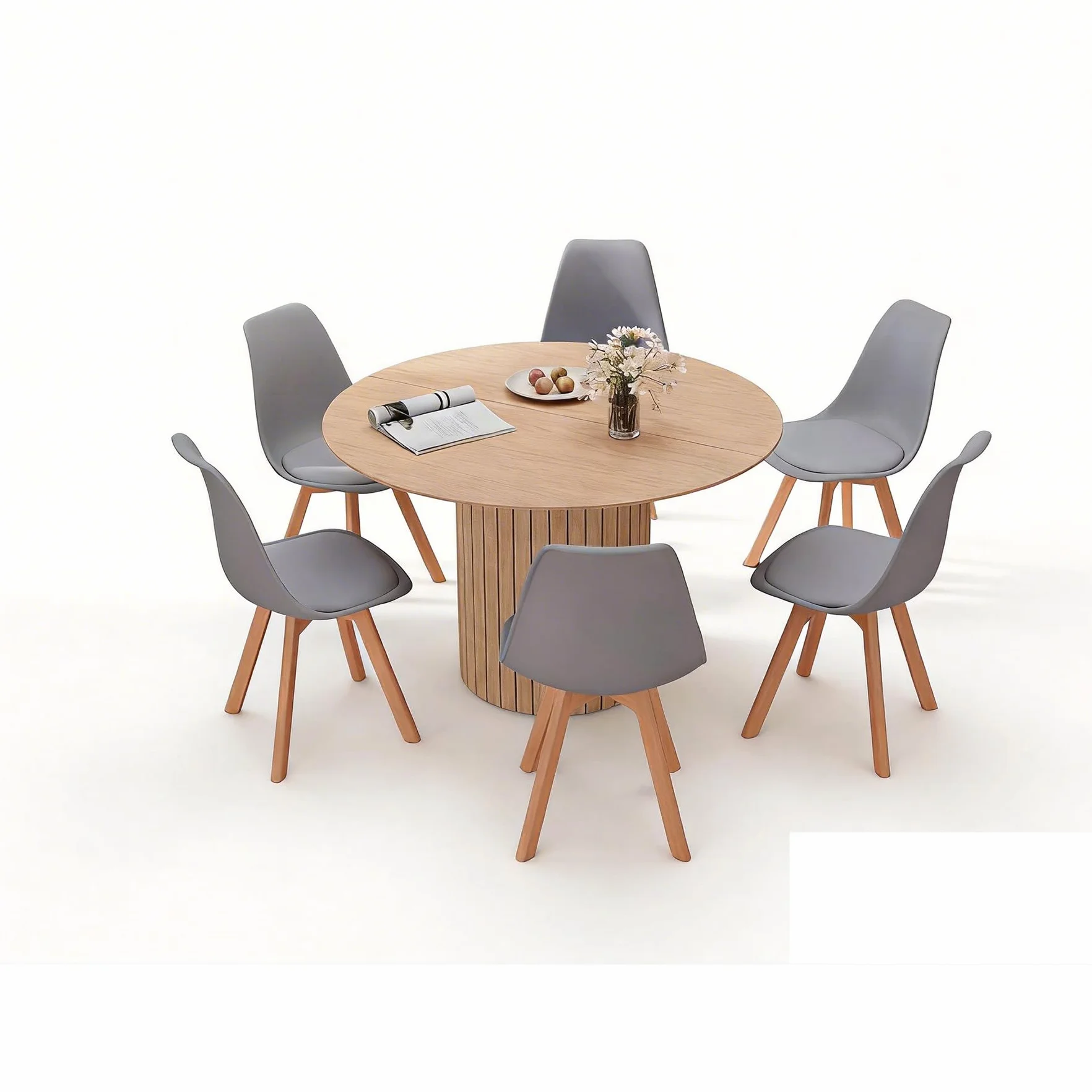 Mesa de Comedor Redonda de 120 cm con 6 Sillas de Comedor, Juego de Comedor, Mesa de Cocina con Base de Madera, Sillas de Cocina de Plástico, Marrón Claro + Gris