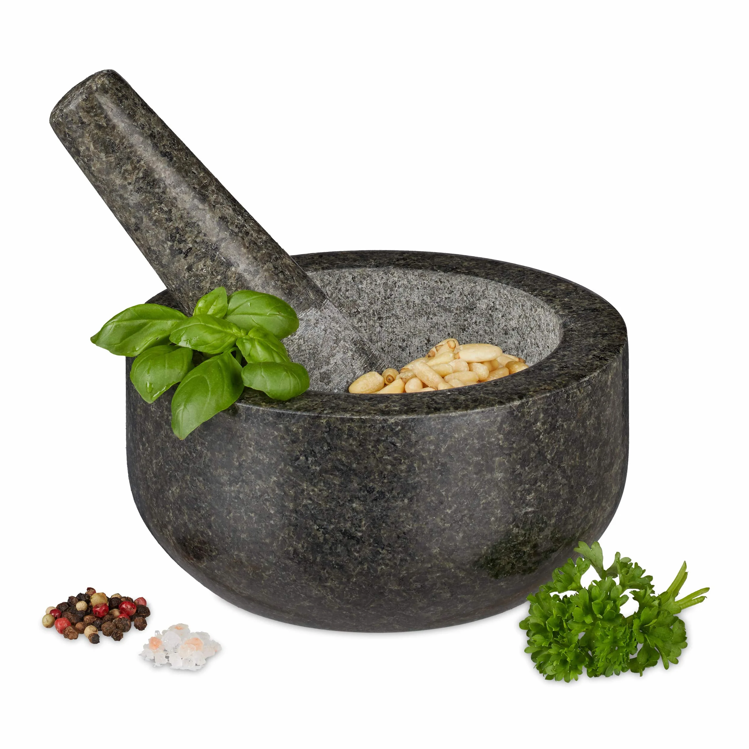 Relaxdays Mortero Granito con Mano, Resistente, Duradero, Especias, Hierbas, Moledor Piedra Pulida, 16cm Ø, 400ml, Gris