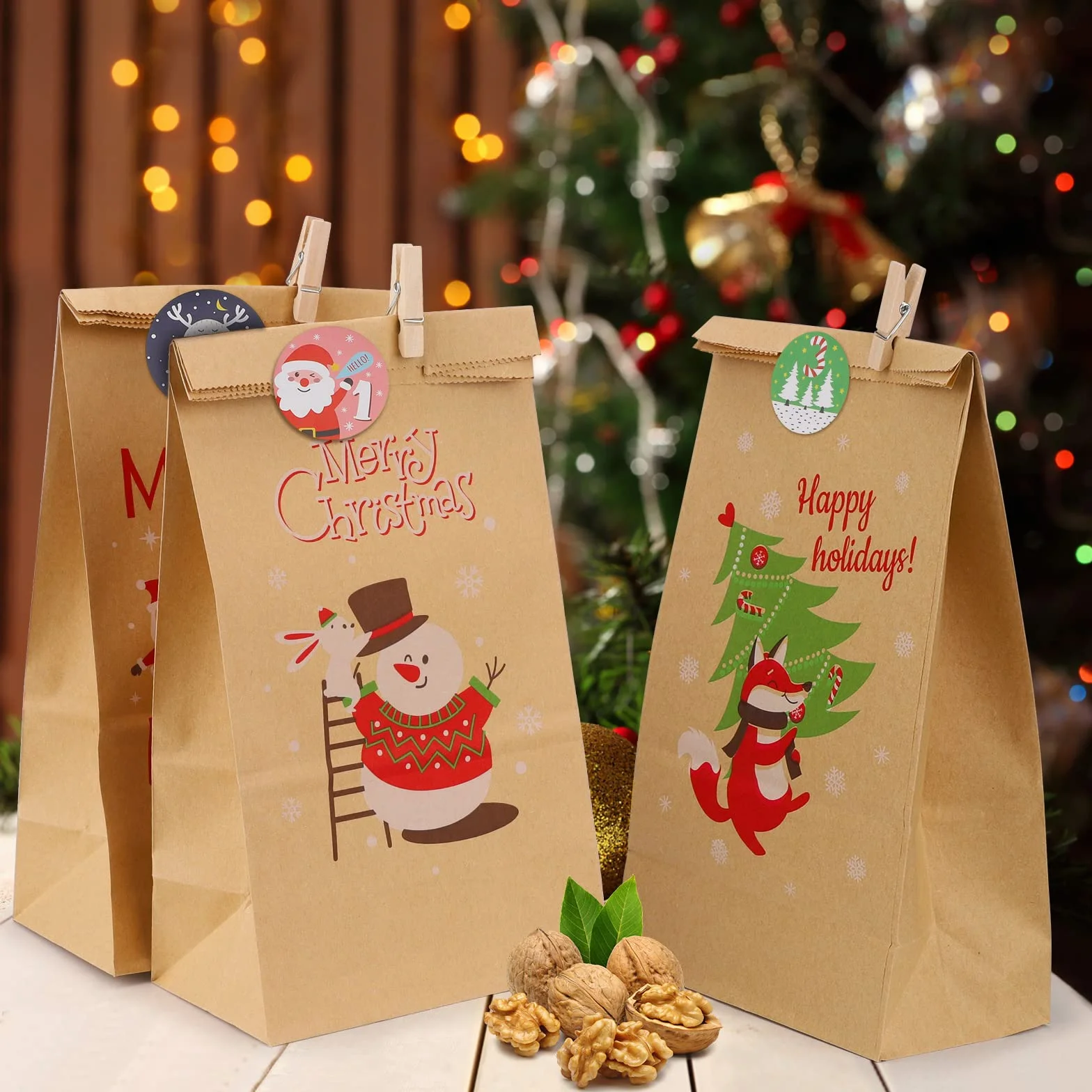 Calendario Adviento 2025 para Rellenar con 24 Bolsas, Adhesivos y Cuerda, DIY Bolsas de Papel Kraft Navideño, Marrón