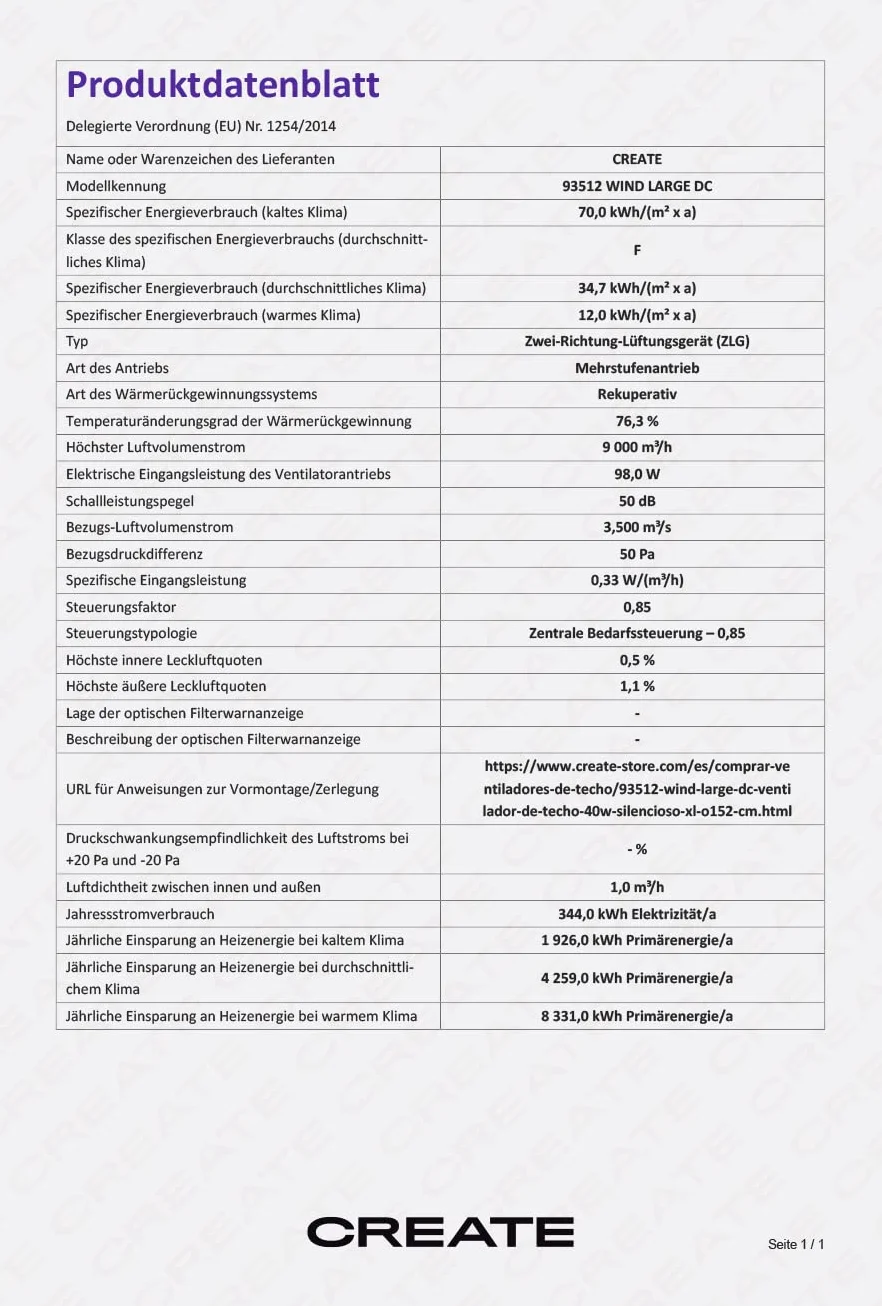 CREATE / WINDLARGE/Ventilador de techo blanco aspas madera natural con mando / 40W, XL, silencioso, 6 velocidades, Ø152 cm, temporizador, 2 alturas, función verano-invierno