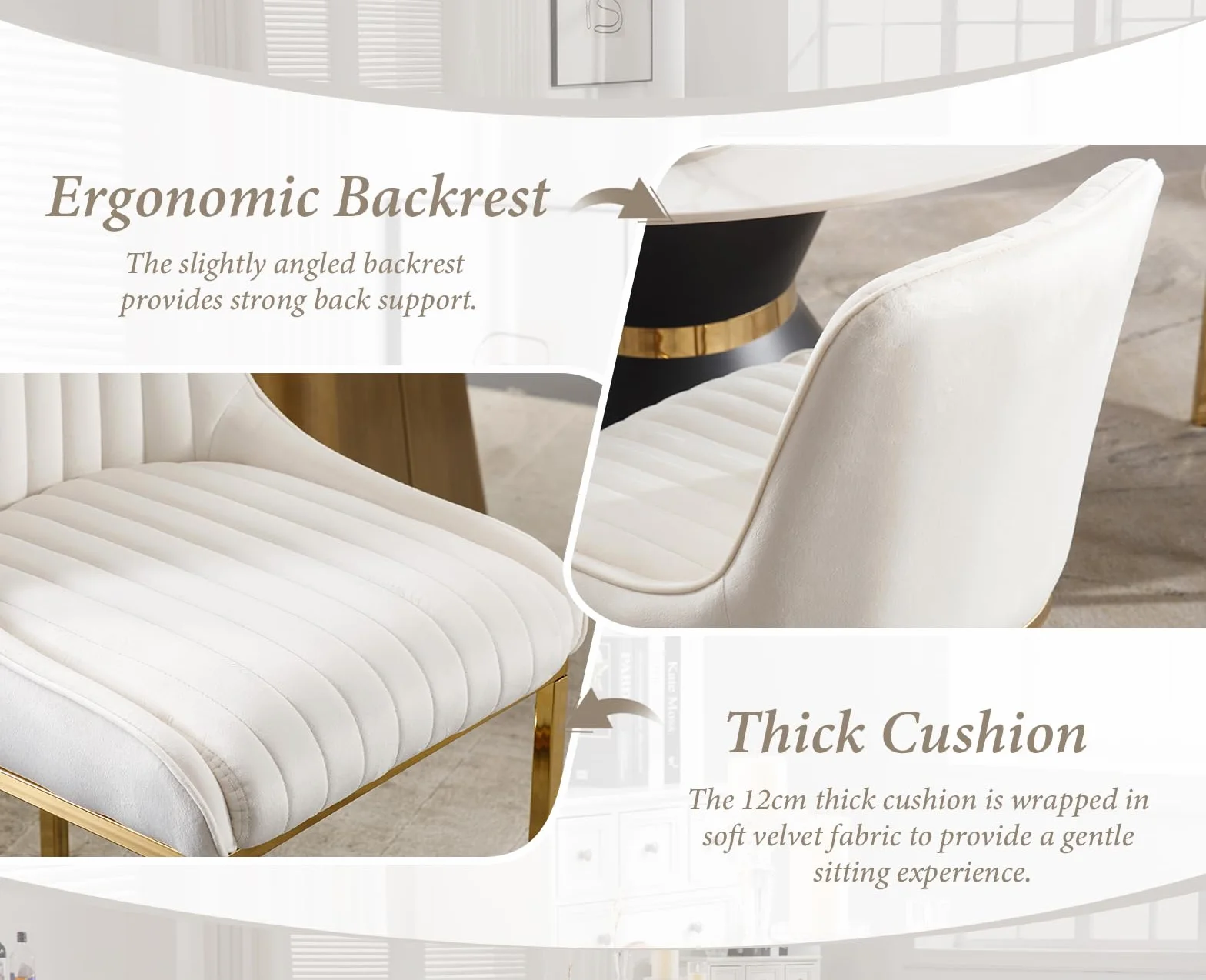chairus Juego de 4 Sillas de Comedor Terciopelo Sillas Cocina Modernas con Patas Doradas, Sillas Restautante Elegante sin Brazos para Salón/Cafetería/Recepción, Blanco