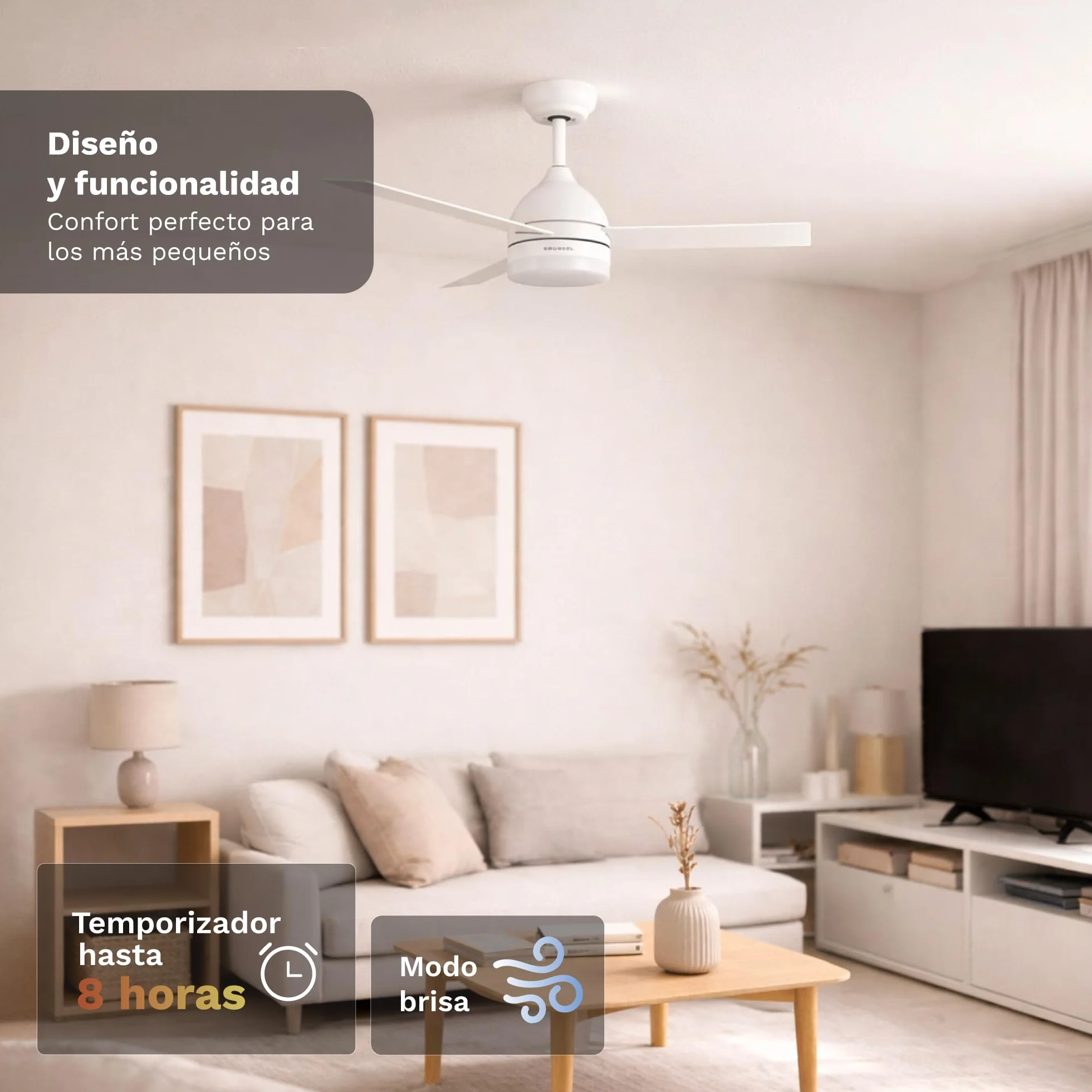 Grunkel - Ventilador de Techo con luz LED y aspas instalación reversibles blanco y madera - Mando a distancia. 6 velocidades. Temporizador 8h - 35W