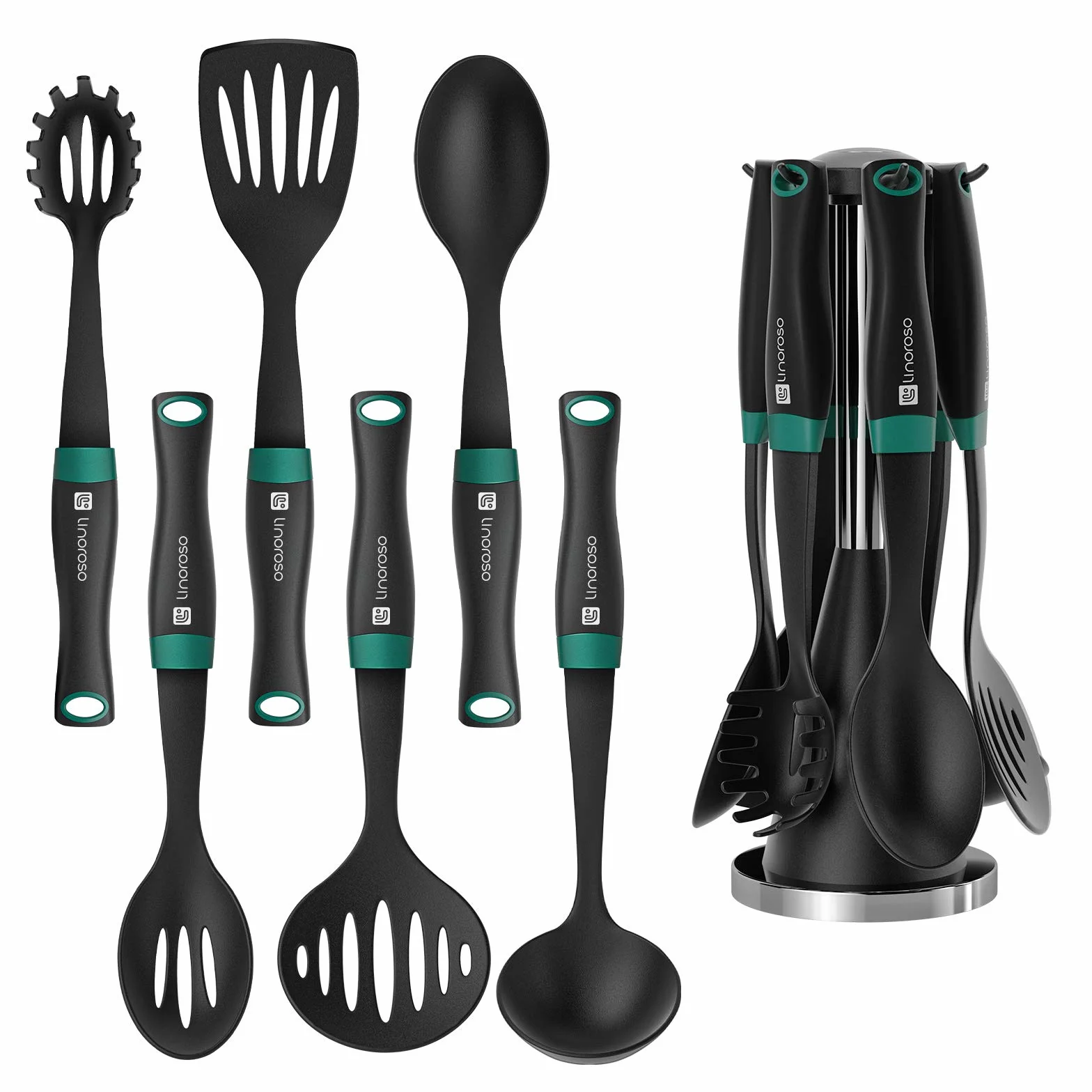 Linoroso Juego de 7 utensilios elevados, juego de utensilios de nailon con exquisito soporte giratorio, innovador mango pesado, fácil de limpiar, negro y verde pavo real
