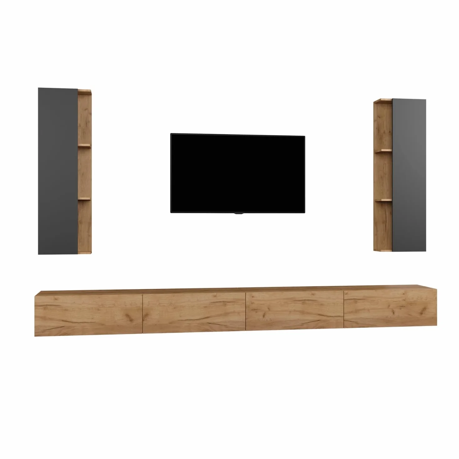 Planetmöbel Mueble de televisión, Mesa para TV de 320 cm de Largo, 2X armarios de televisión suspendidos de 40x130x17 cm para el salón, 2X Muebles Bajos de 160x30x37,8 cm, Roble Dorado
