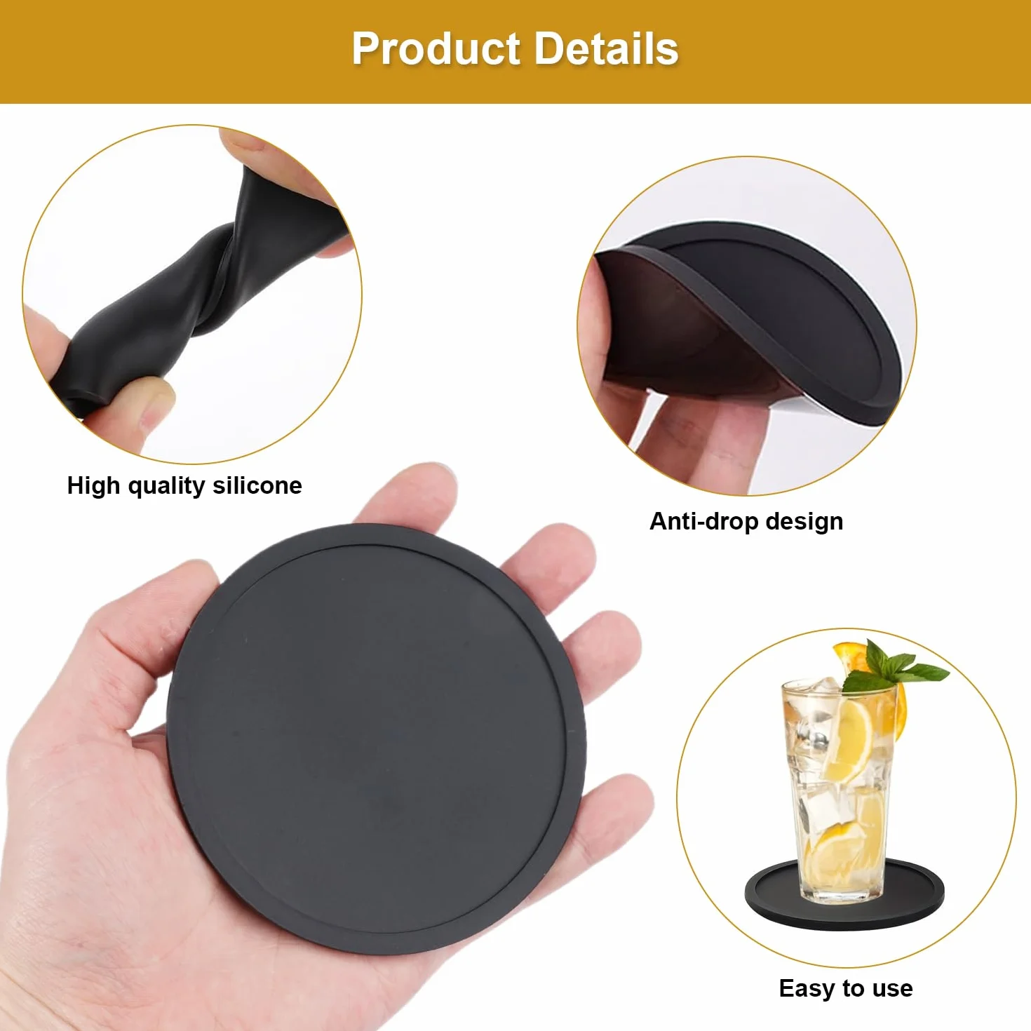 Posavasos de Vidrio Negro Silicona Antideslizantes 10cm Sin BPA para Bebidas Exterior Interior