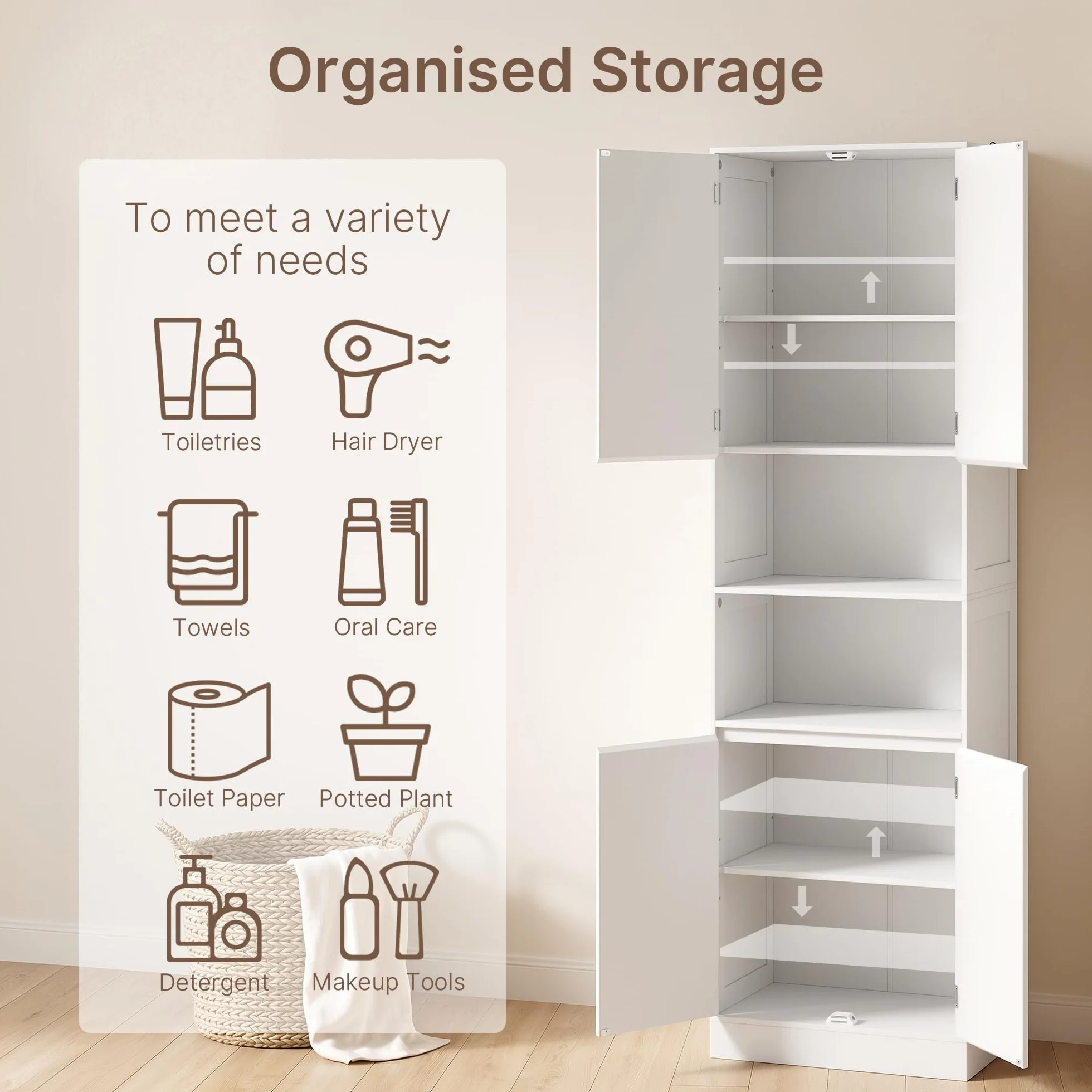 Xbro Mueble de baño 190×30×57 cm, Armario almacenaje con estantes Regulables, cajones y estantes Abiertos, Armario Alto Multiuso para baño, Cocina y salón, Montaje fácil,Blanco