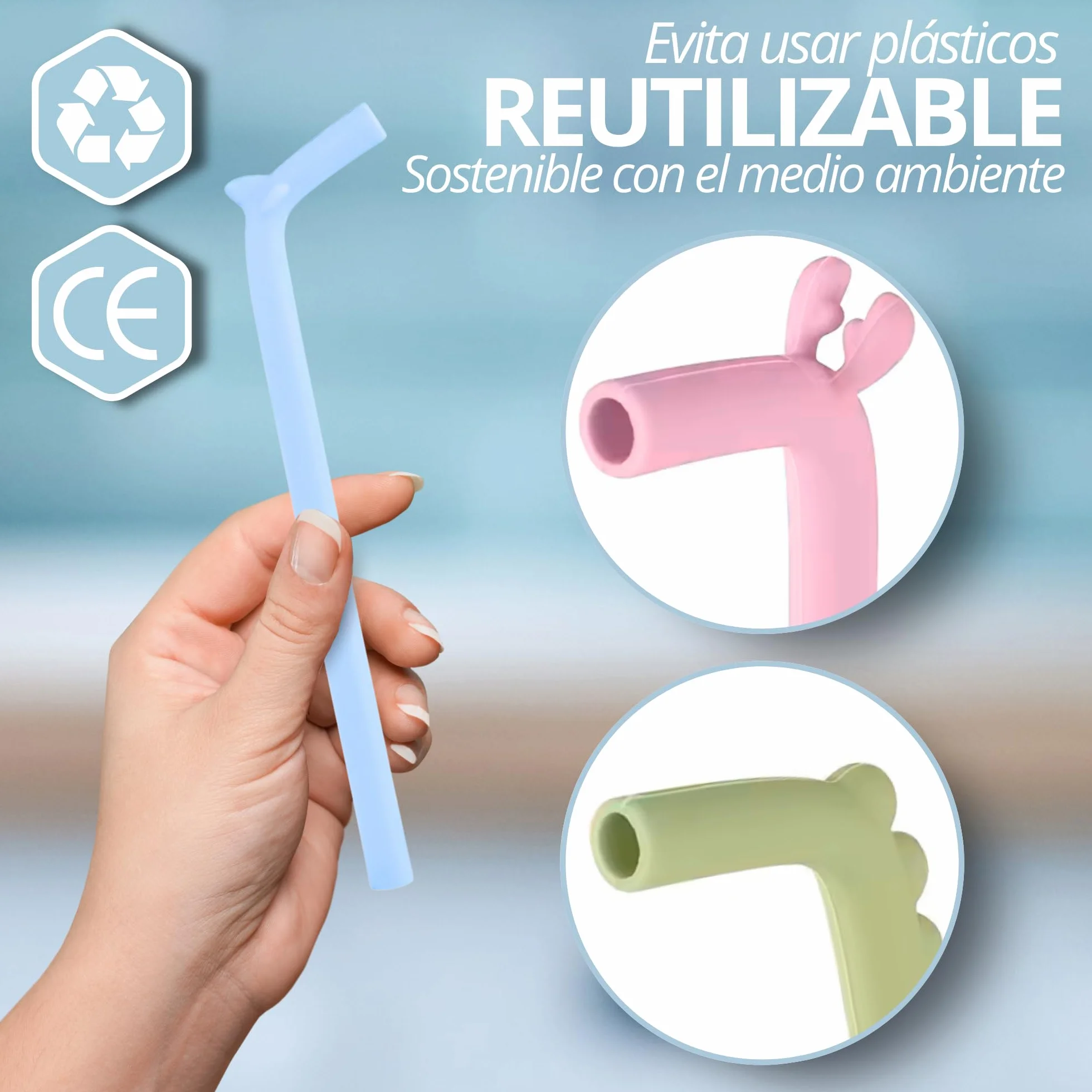 Pajitas reutilizables silicona niños Pack 6 + Cepillo Limpieza Sin BPA LFGB