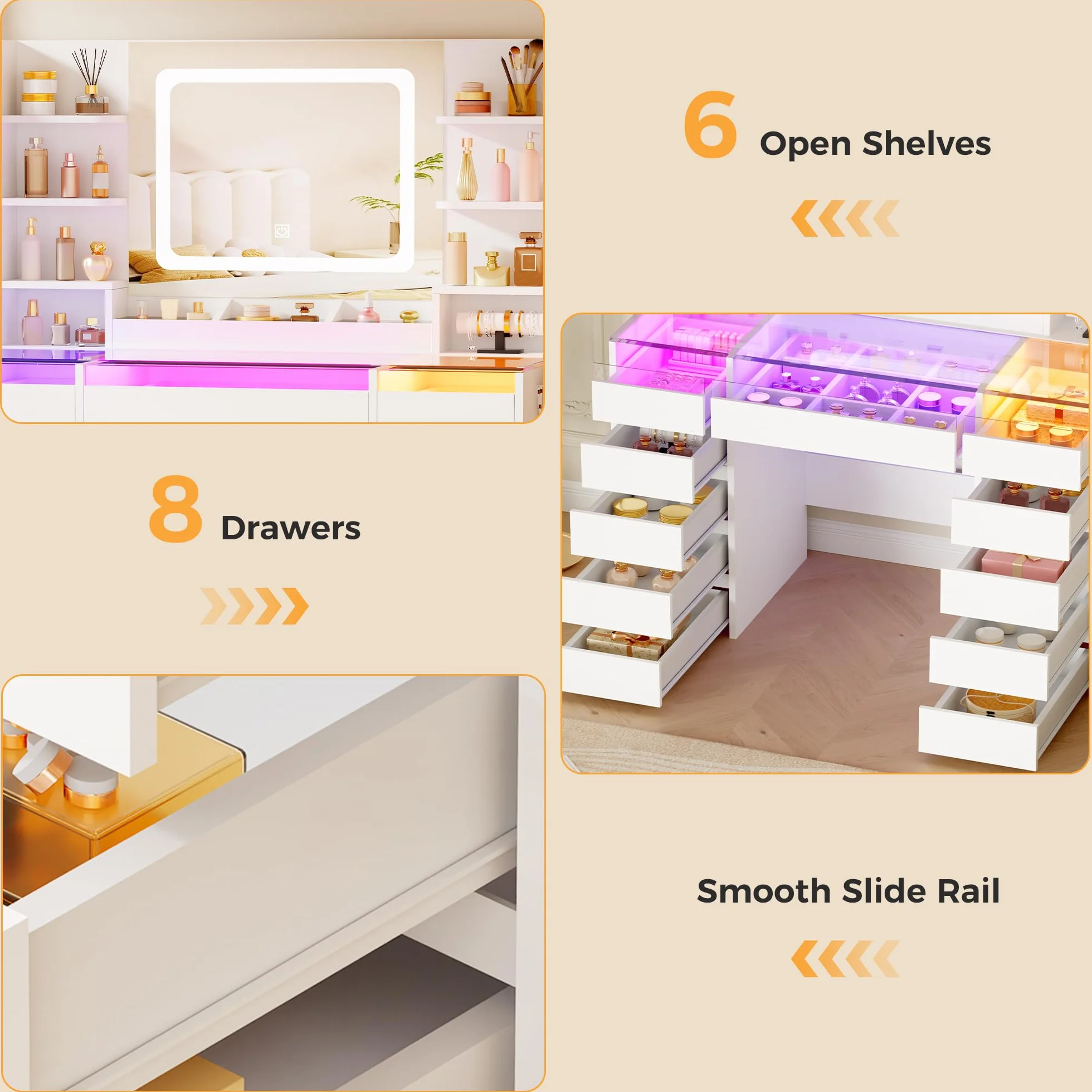 BEWISHOME Tocador de Maquillaje con Espejo y Luces LED, Mesa de Maquillaje con Cubierta de Vidrio Transparente, 11 Cajones RGB, 6 Estantes, Tocador Maquillaje con Enchufes Moderno Blanco EFST57W
