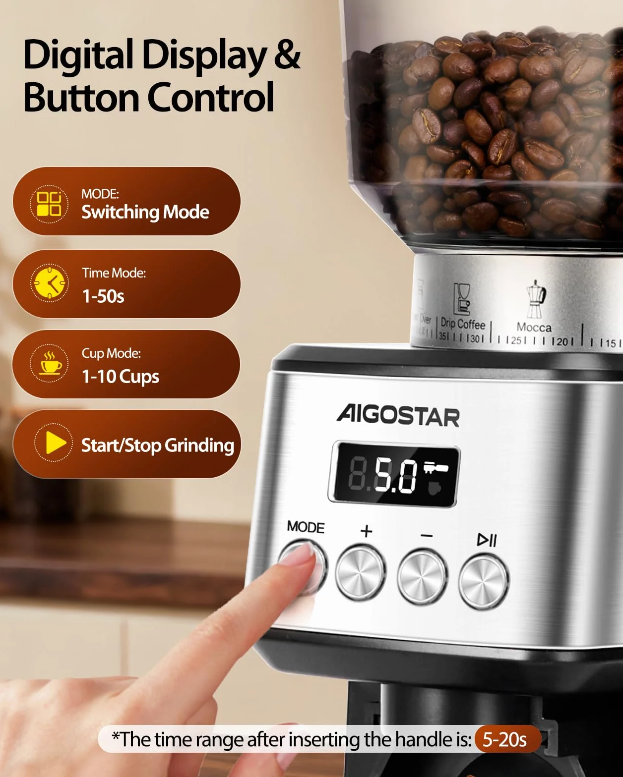 Aigostar Molinillo de Café Eléctrico, 52 Ajustes de Molido Molinillo Café de Cono, Grinder Electrico Para Café Espresso, Moledor Profesional con Pantalla Lcd Digital Precisa, Acero inoxidable, Plata