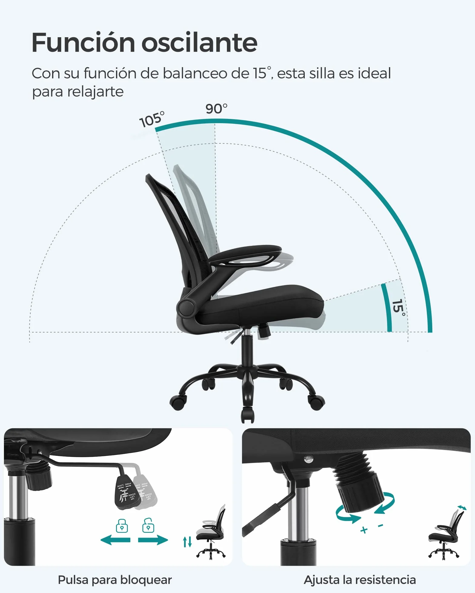 SONGMICS Silla de Oficina Ergonómica de Malla Giratoria con Soporte Lumbar, Asiento 53 cm, Apoyabrazos Abatibles, Negro