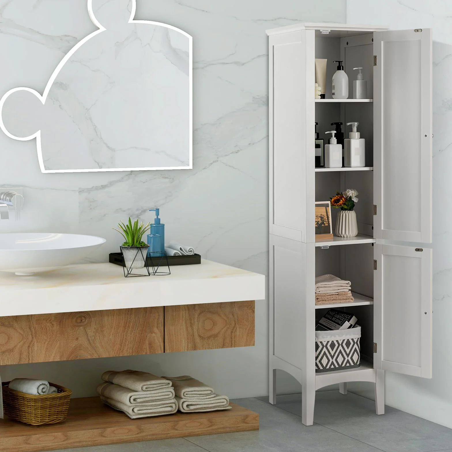 LIFEZEAL Armario Alto de baño con 2 Puertas, 37x37x160 CM Mueble Alto de Aseo, Mueble de Madera de 5 Niveles, Capacidad de Carga 10 KG por Estante (Blanco)