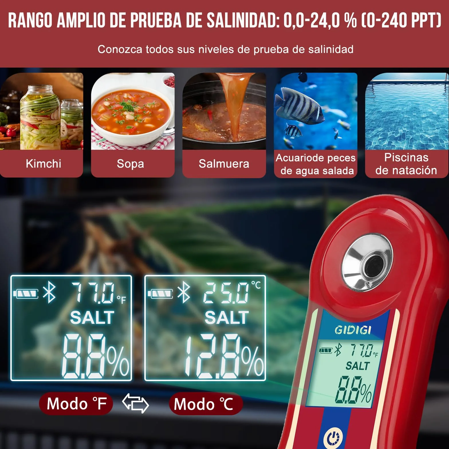 Brix - Refractómetro digital y comprobador de salinidad, medidor inteligente de azúcar Brix, refractómetro de sal para agua salada con ATC, rango de medición Brix 0,0-60% para frutas, vino y cerveza