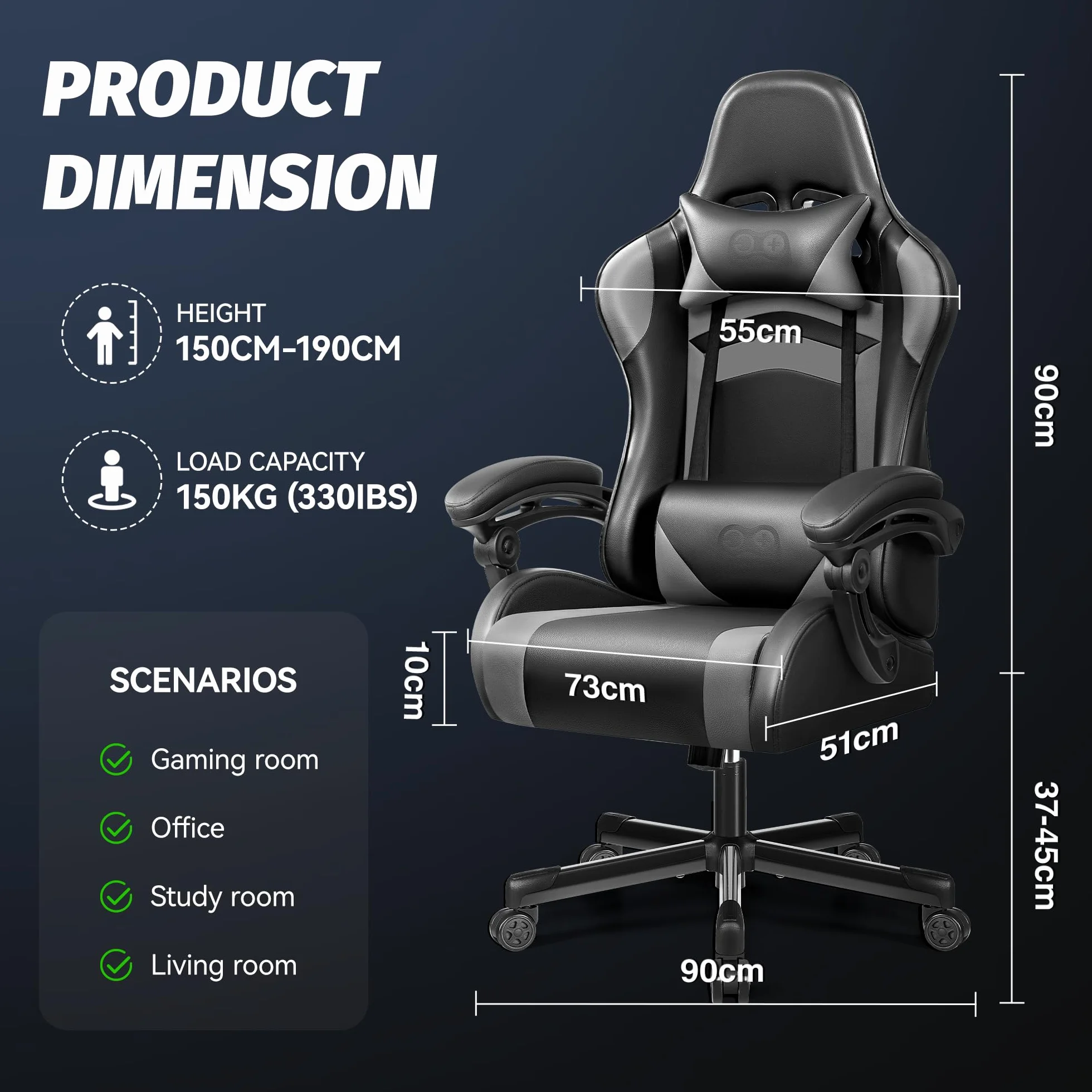OneGame Silla Gaming, Silla ergonómica Gaming con Respaldo Ajustable Respaldo Alto Silla Gaming rotación 360º para Trabajar y Jugar, Negro Gris