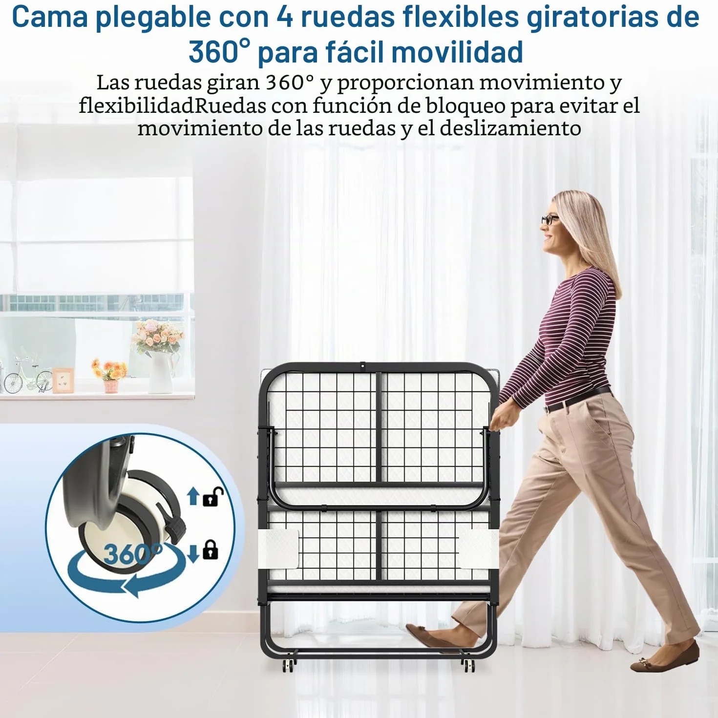 Cama plegable 90x200 cm, cama supletoria, cama plegable con colchón de 13 cm de grosor, 4 ruedas con freno, cama para adultos con capacidad de carga hasta 200 kg, para sala de estar