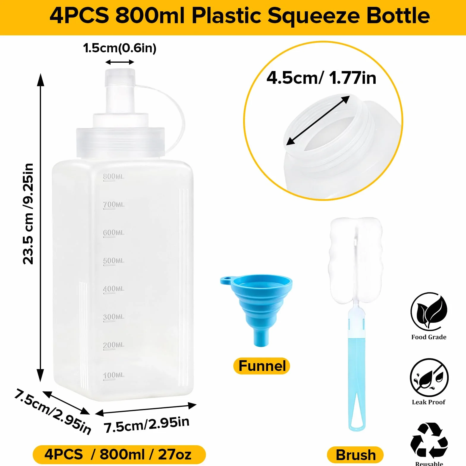 4 Piezas Biberon Cocina 800ml, biberones cocina 27oz, Transparente Botellas de Cocinas con Tapa, Plástico Botella Salsa con Cepillo y Embudo para Salsas Ketchup Oliva Mostaza Líquida