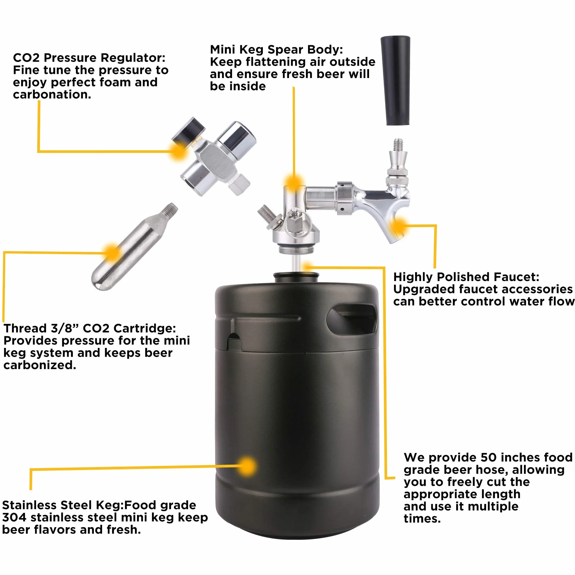 TMCRAFT - Mini barril de cerveza de acero inoxidable con funda de aislamiento, sistema portátil de dispensador para el hogar para calado, cerveza casera y cerveza artesanal (negro mate)