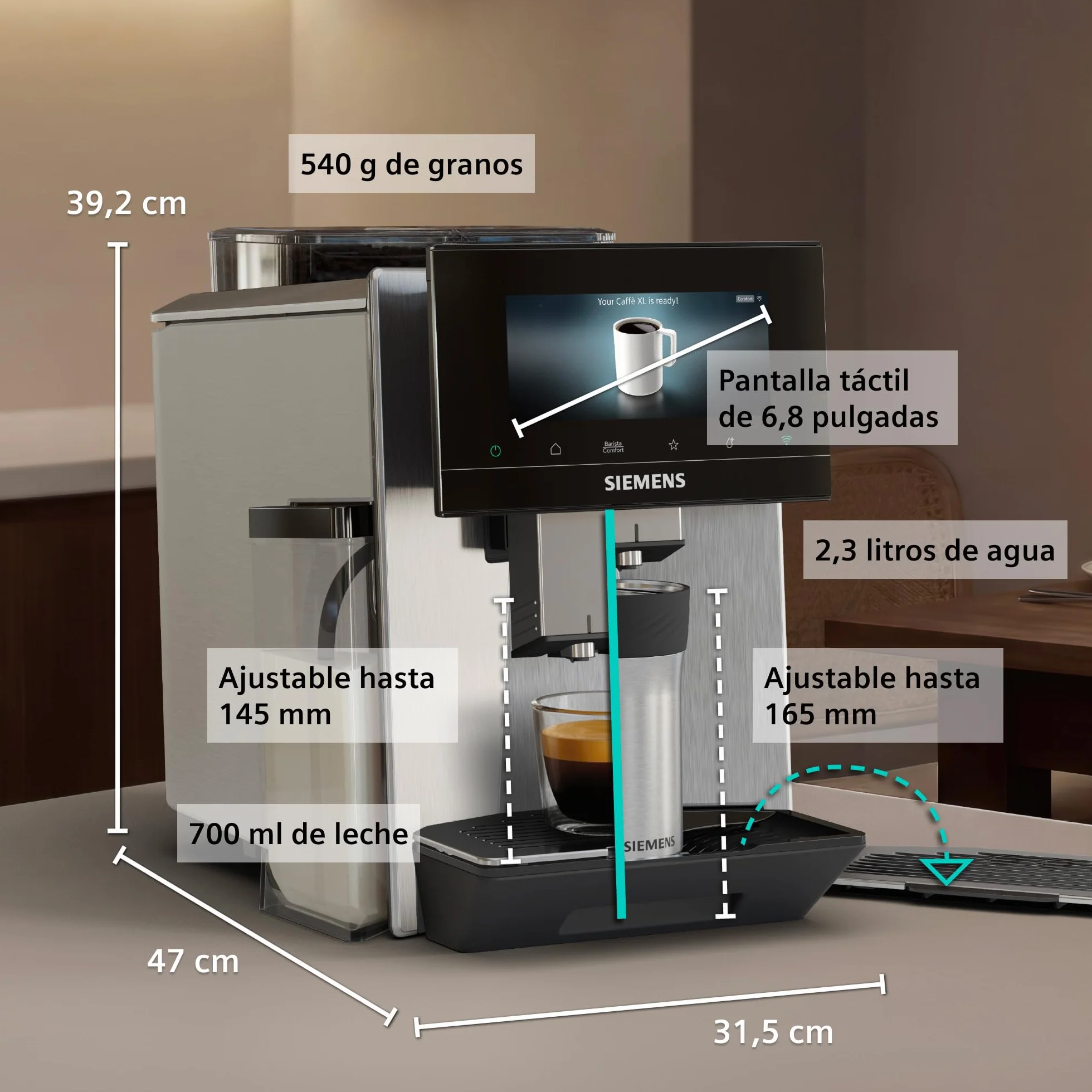 SIEMENS, cafetera superautomática, EQ900 iAroma, sabores personalizados, molienda precisa, pantalla grande para uso intuitivo, dos depósitos para granos diferentes, inox, TQ927E03