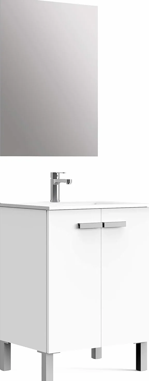 Baikal Mueble de Baño Neo, Dos Puertas, Mueble con Patas. Varios Acabados y Medidas. Melamina 16mm. Mueble MONTADO. 2 Puertas con Espejo 60 cm Blanco Mate